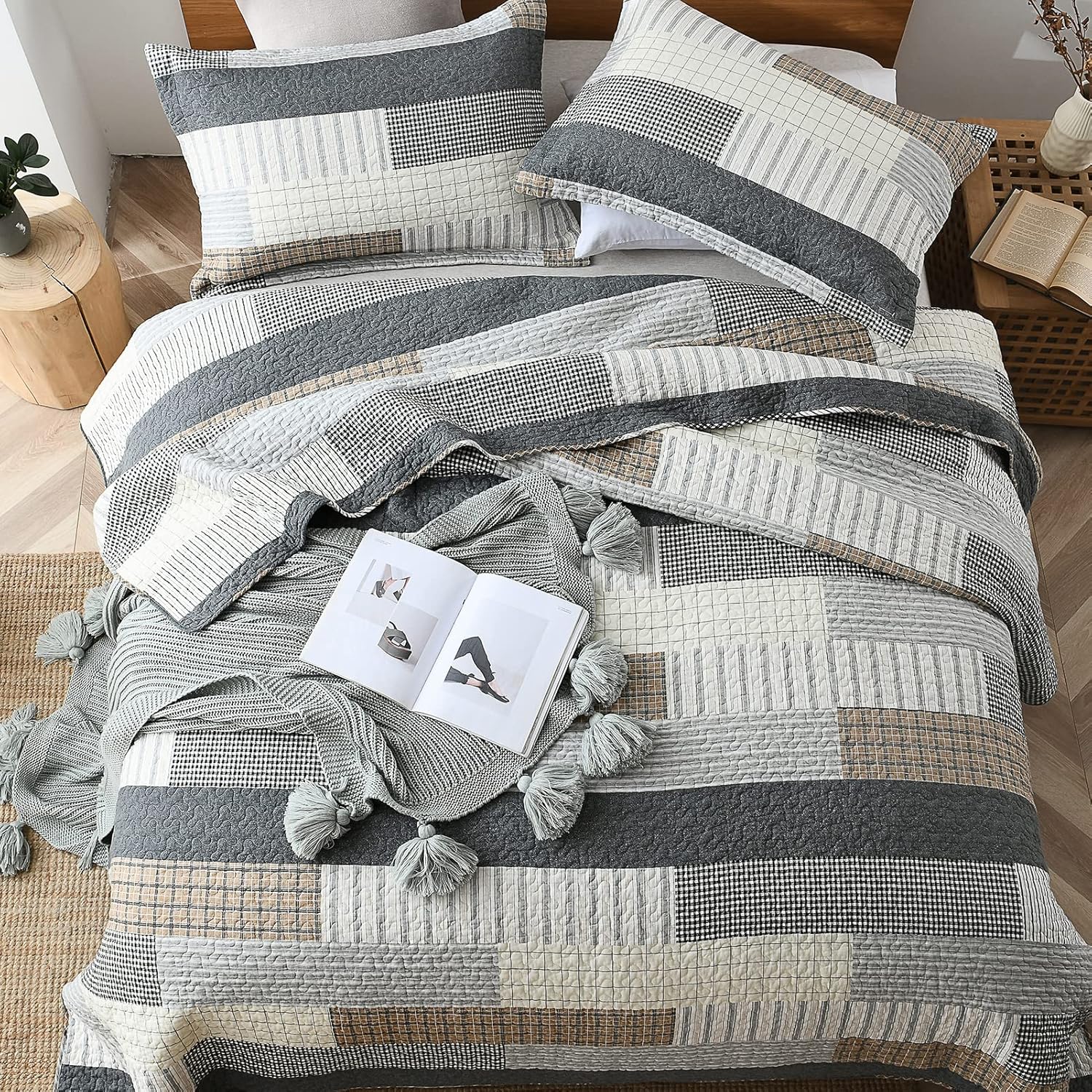 DUOHONG King Quilt Set 3-Piece 100 Cotton Patchwork