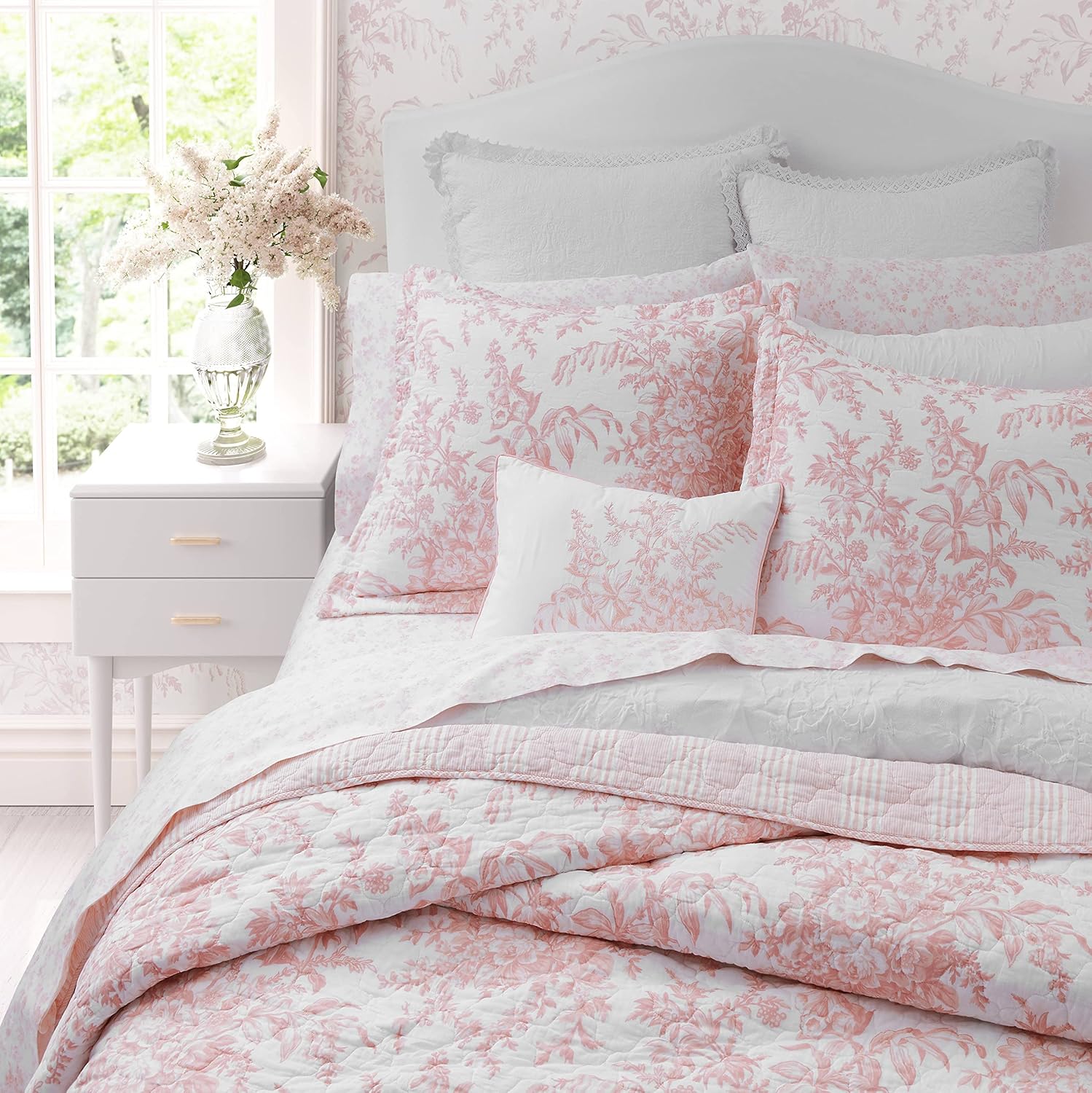 Laura Ashley King Quilt Set with Shams - Bedford Pink