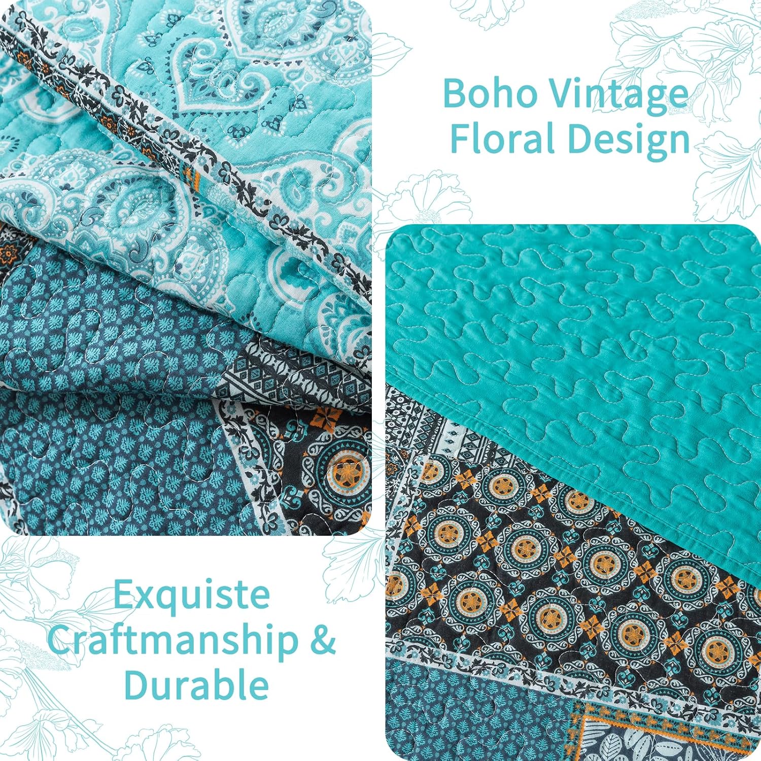 VAPUTAR Queen Size Quilt Bedding Set - 3 Piece Teal Green Chic