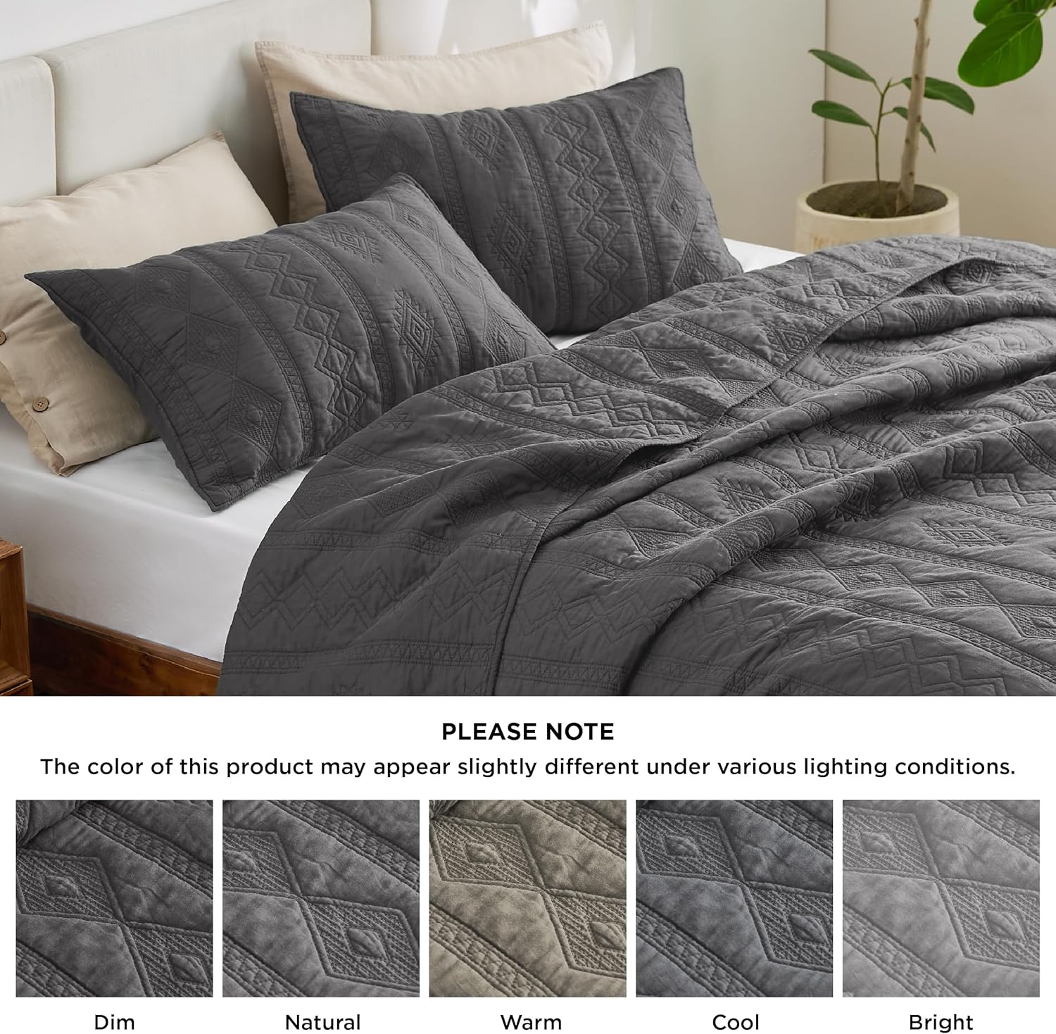 Bedsure Cotton Quilt Bedding Set - Grey 3-Piece with Pillow Shams