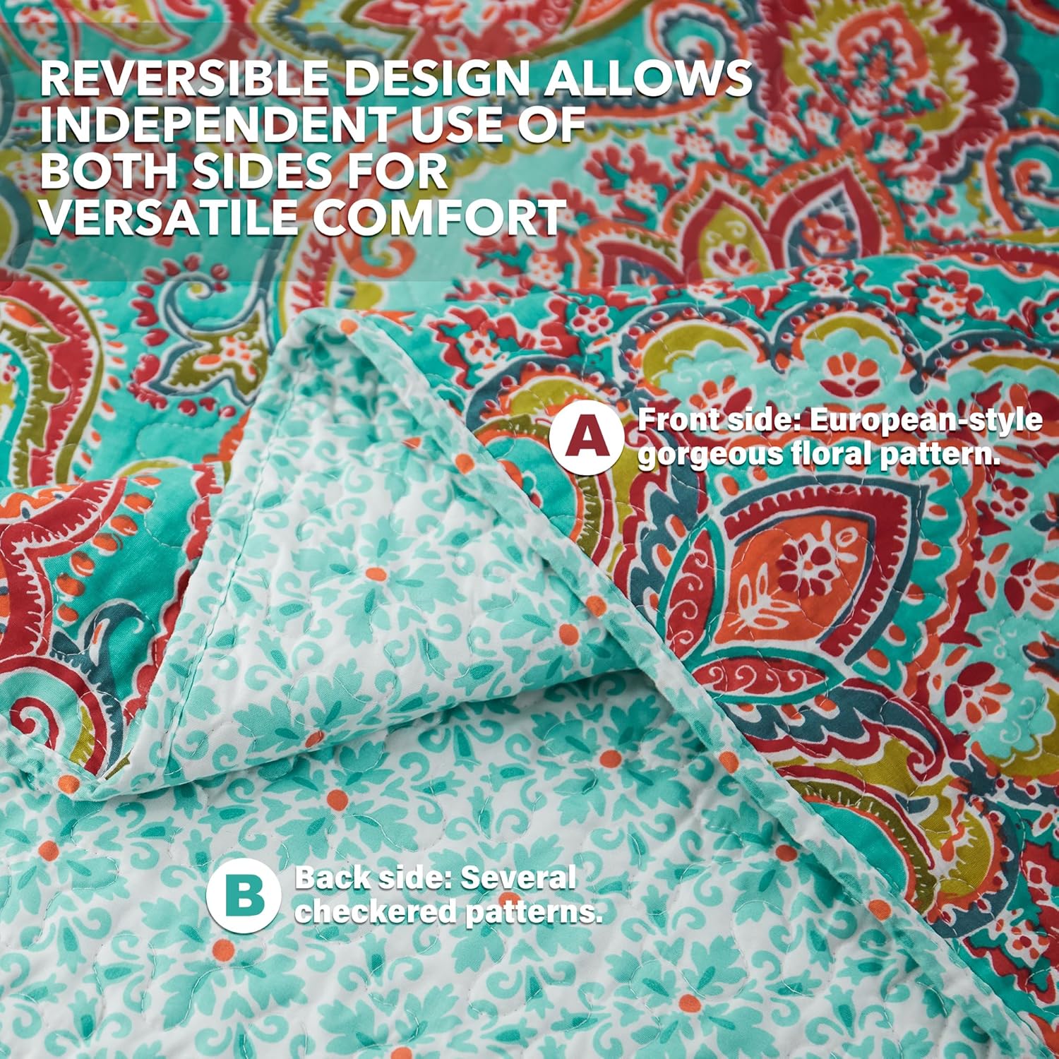 NEWLAKE Reversible Cotton Quilt Set with Floral Design Queen Size