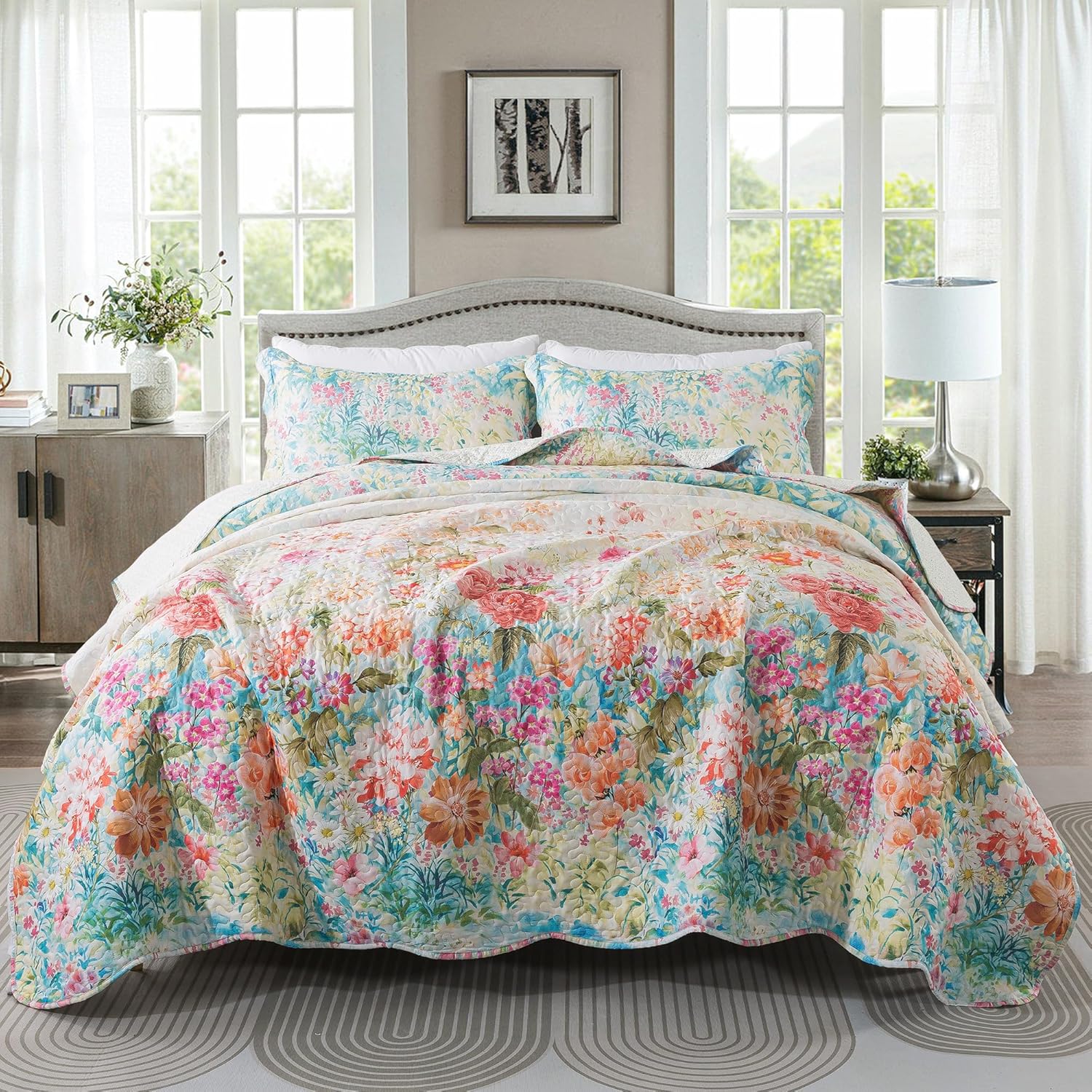 HoneiLife King Quilt Set - Floral Design Coral Pink