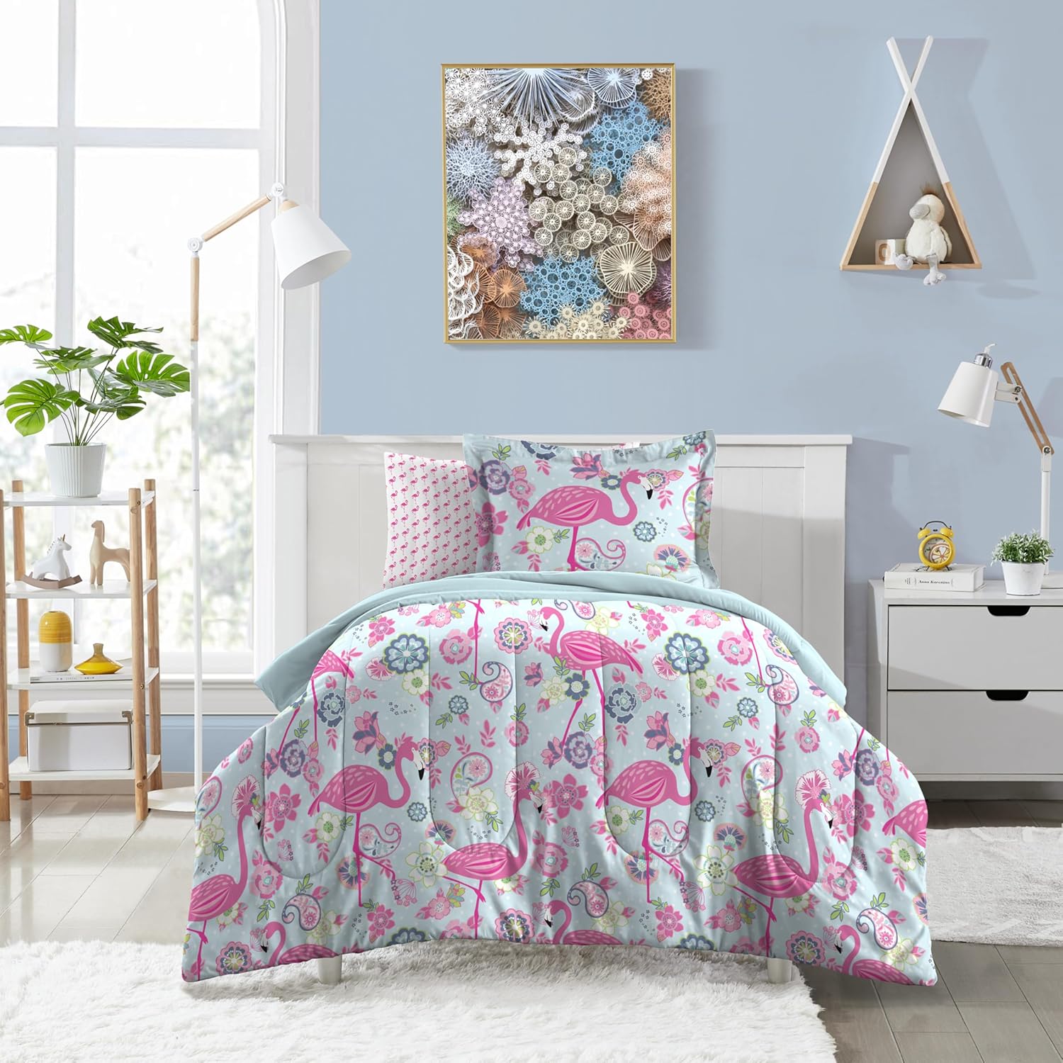 Dream FACTORY Kids 5-Piece Comforter Bedding Set Twin Pink Flamingo