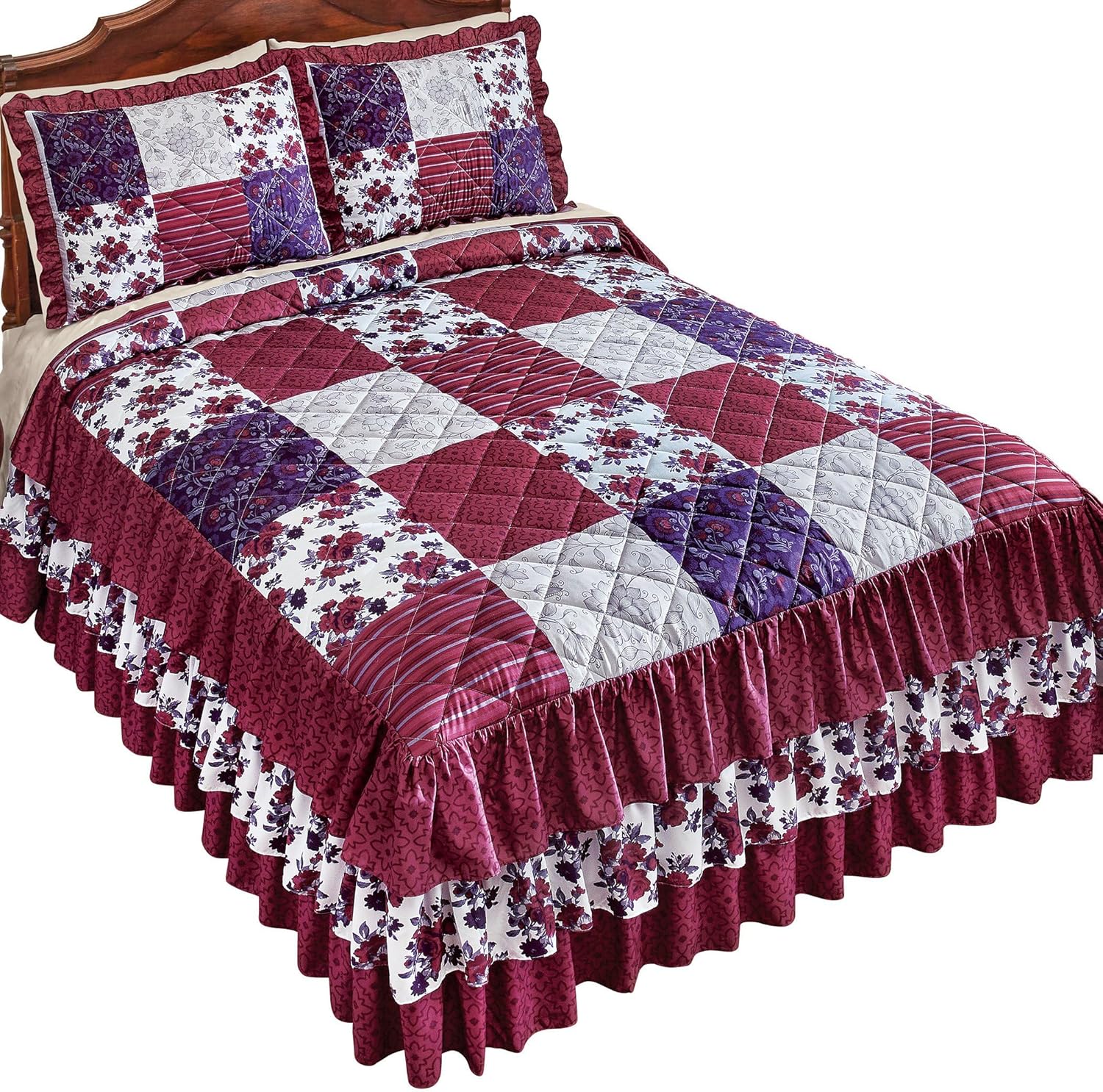 Collections Etc Patchwork Quilted 3-Tier Ruffled Bedspread