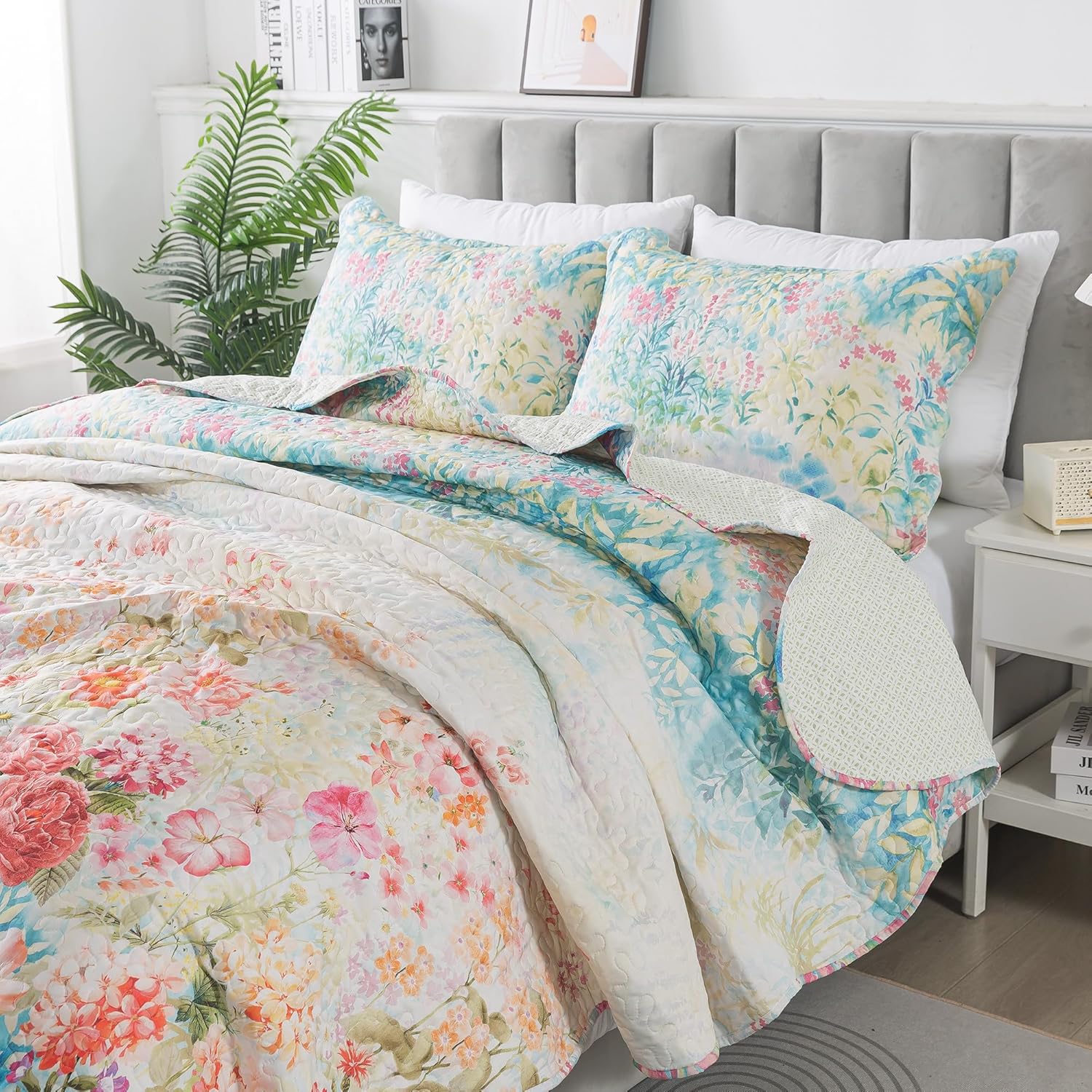 HoneiLife King Quilt Set - Floral Design Coral Pink
