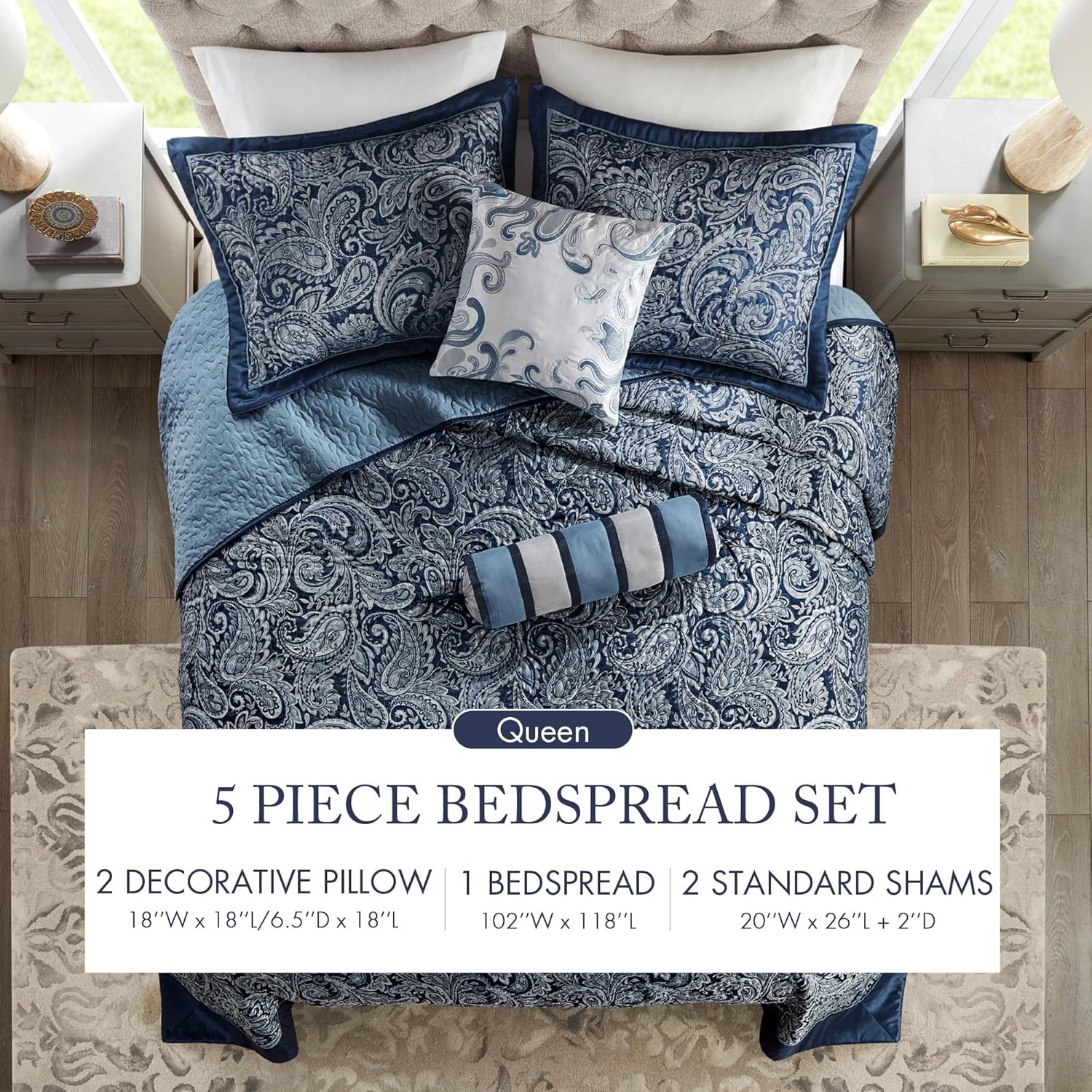Madison Park Aubrey Reversible Quilted Bedspread Set Queen Navy 5 Piece