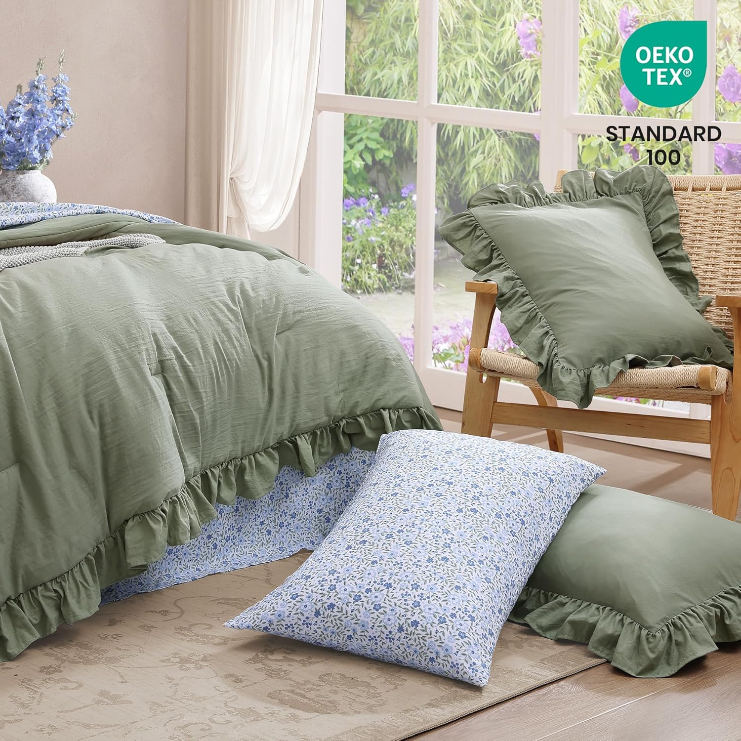 BLOOMHAVEN Queen Comforter Set 7-Piece Ruffle Sage Green