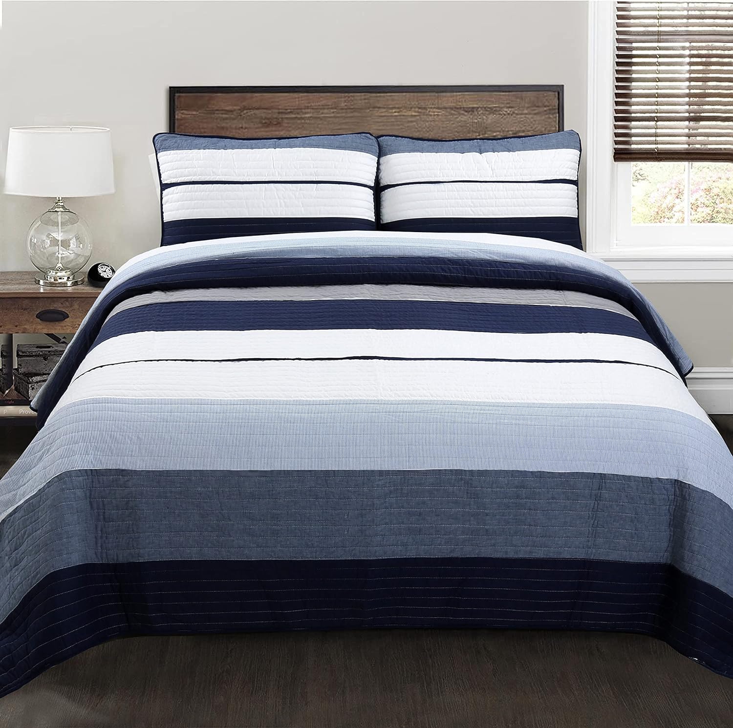 Cozy Line Tranquil Blue Gray Striped Reversible Quilt Bedding Set Queen - 3 Piece