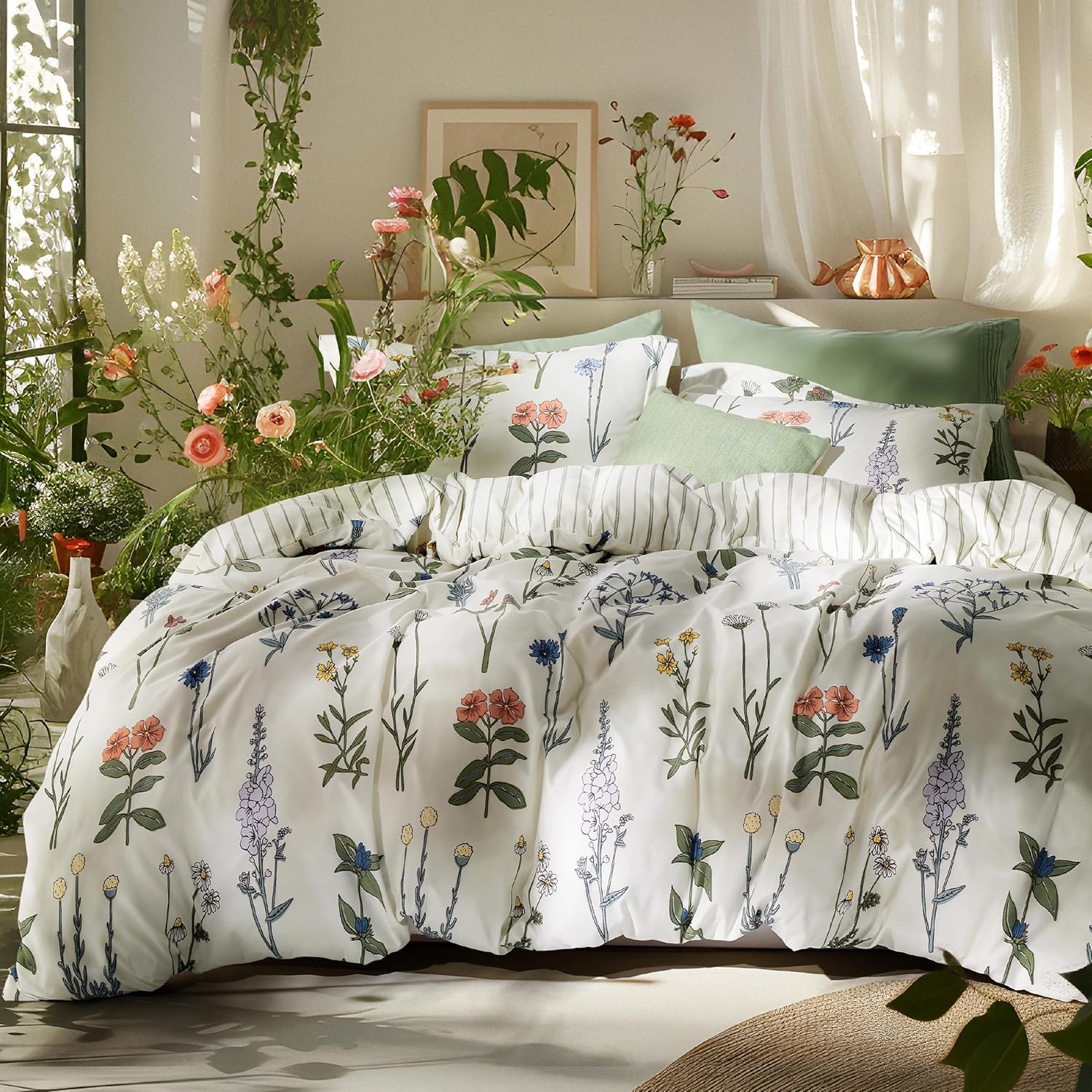 Bedsure Queen Comforter Set - Floral Botanical Design 3 Pieces