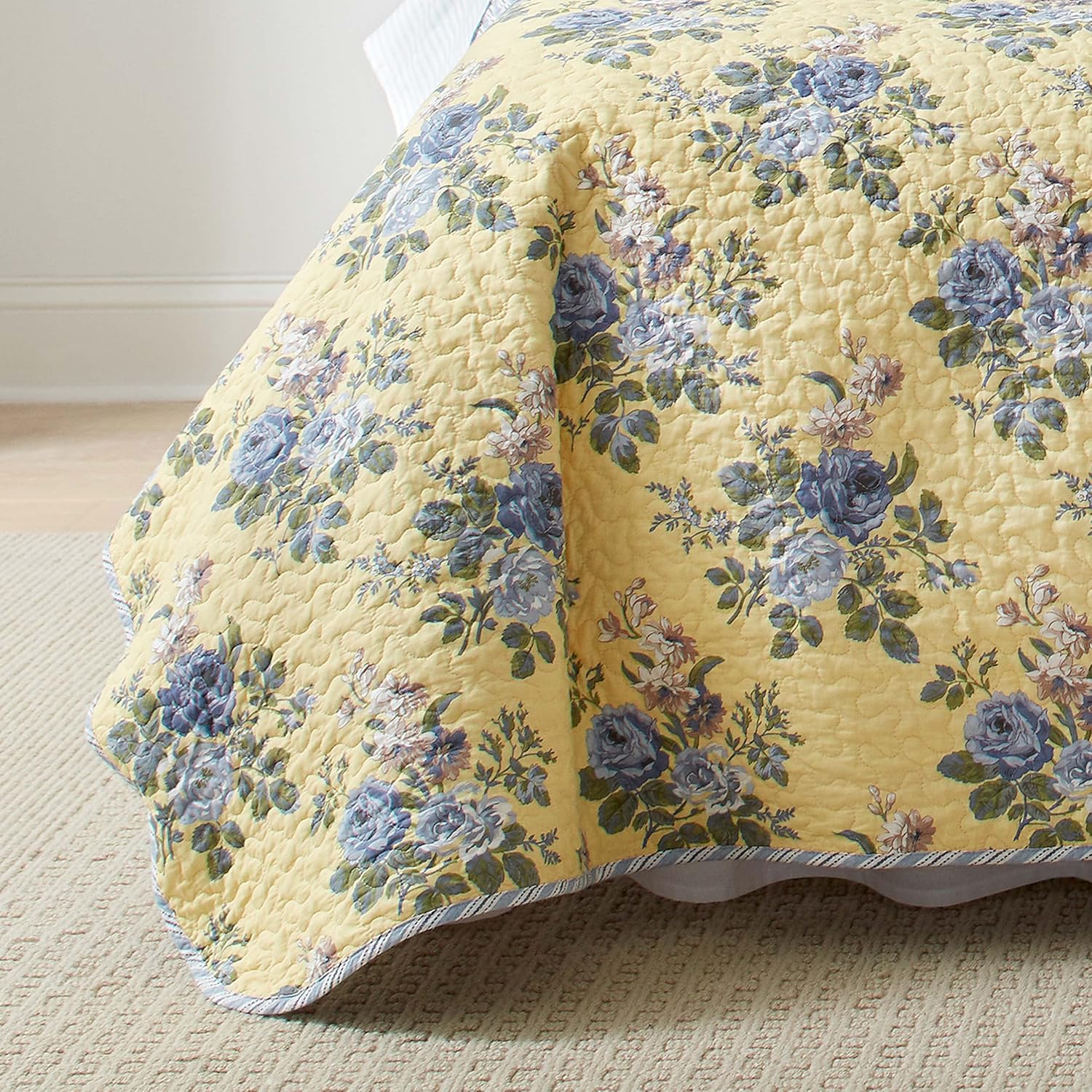 Laura Ashley King Quilt Set - Linley Yellow 3 Piece Reversible Cotton