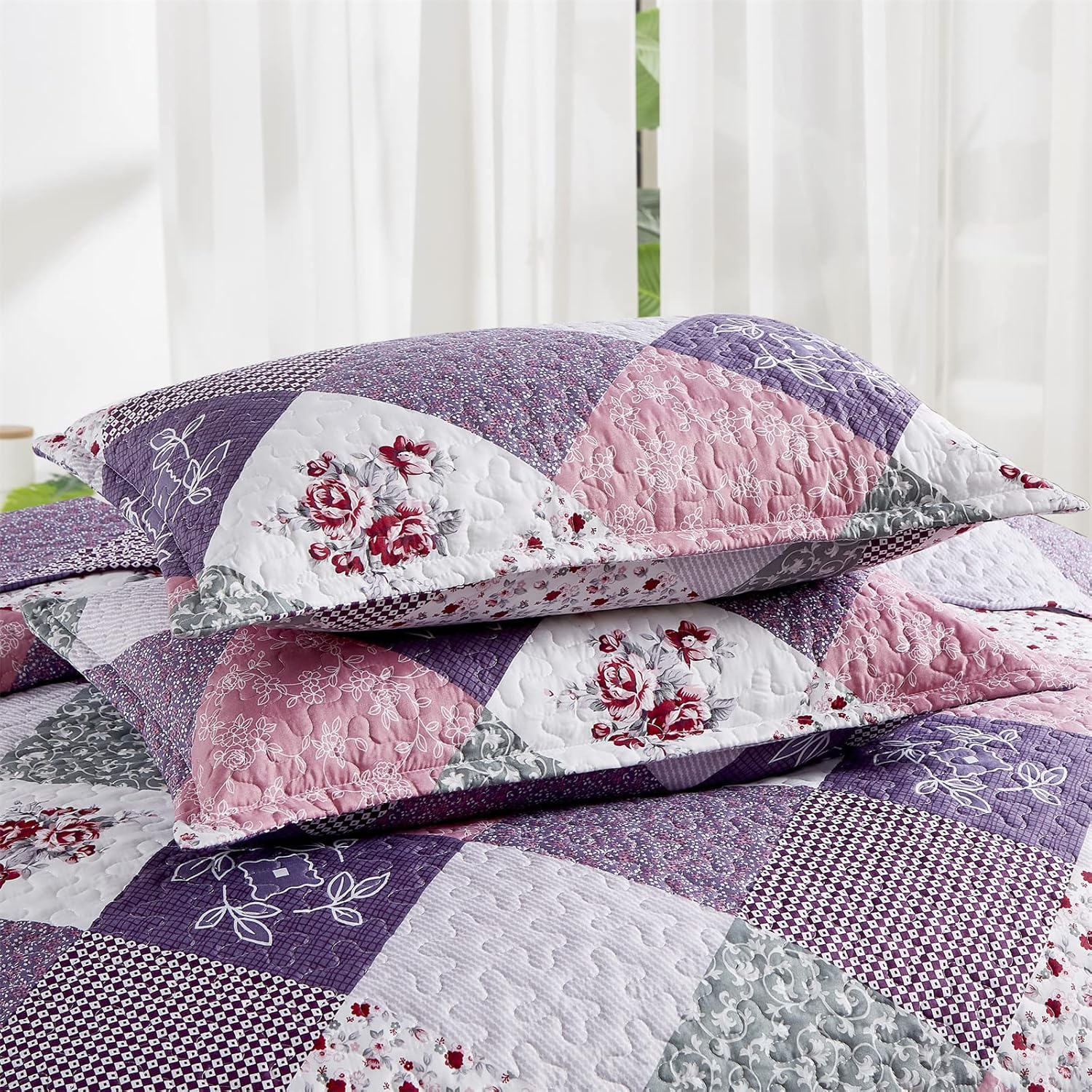 Dinjoy Purple Floral Quilt Set Cal King Size