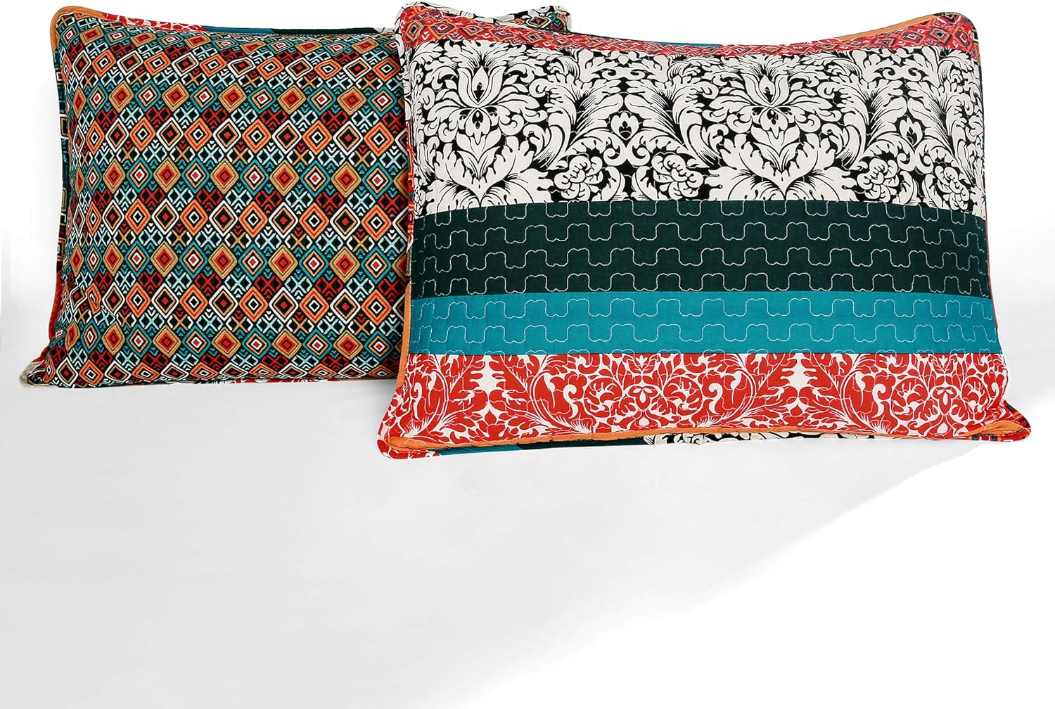 Boho Stripe Reversible Cotton Quilt Set King Turquoise Tangerine