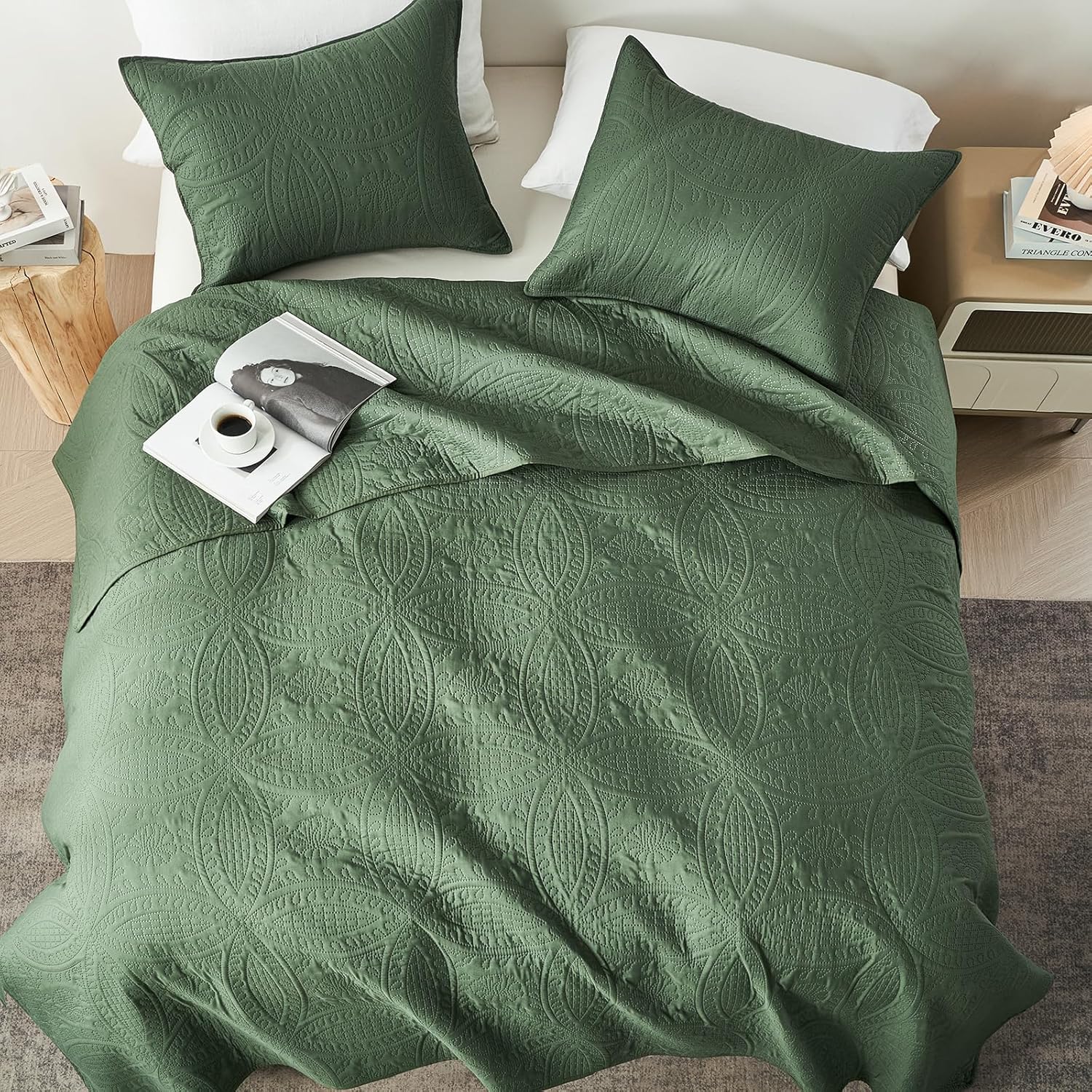 Akkialla Twin Quilt Bedding Set Olive Green Coin Pattern