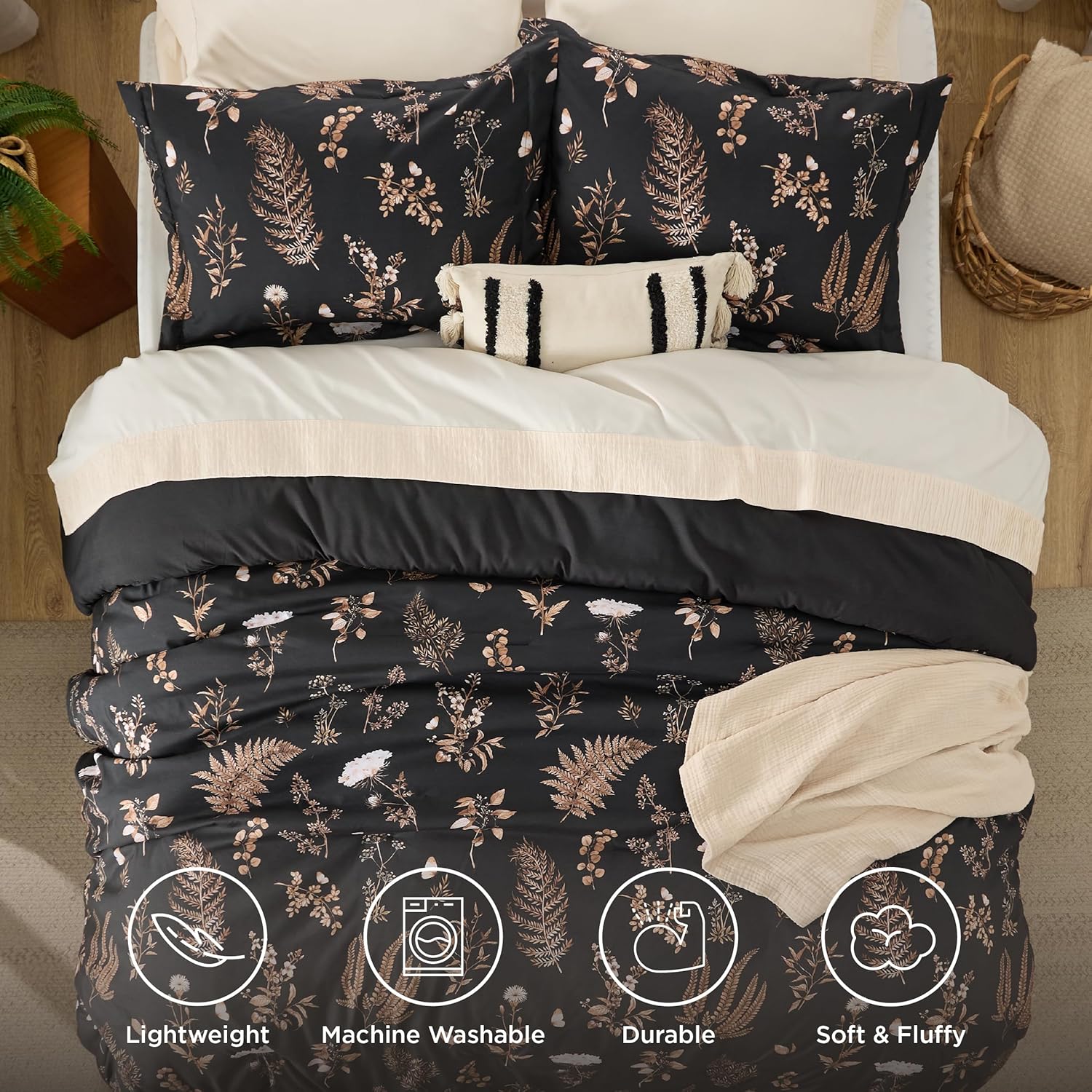 Bedsure Comforter Set King Size - Floral Reversible Black Bedding
