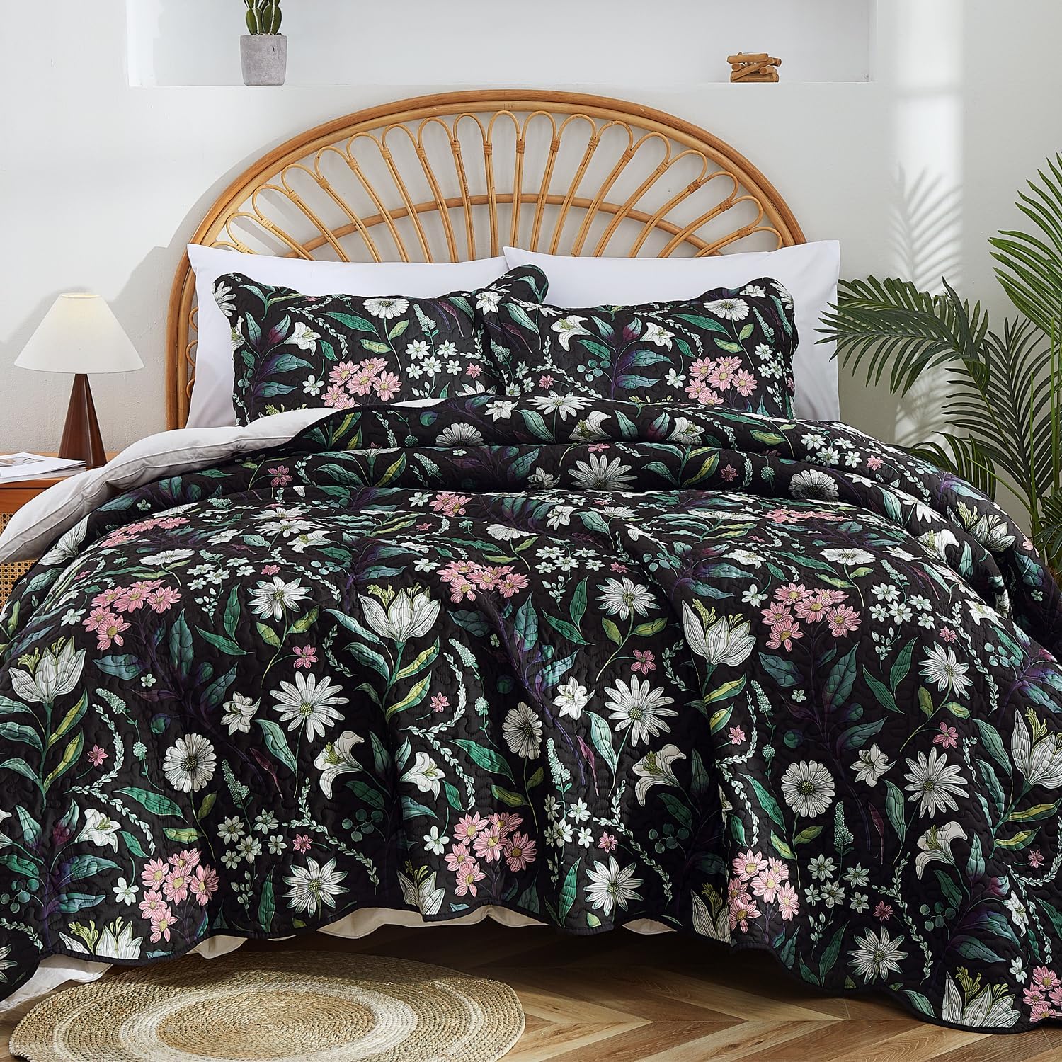 EVENHUG Floral Quilt Set Queen Size 3 Piece