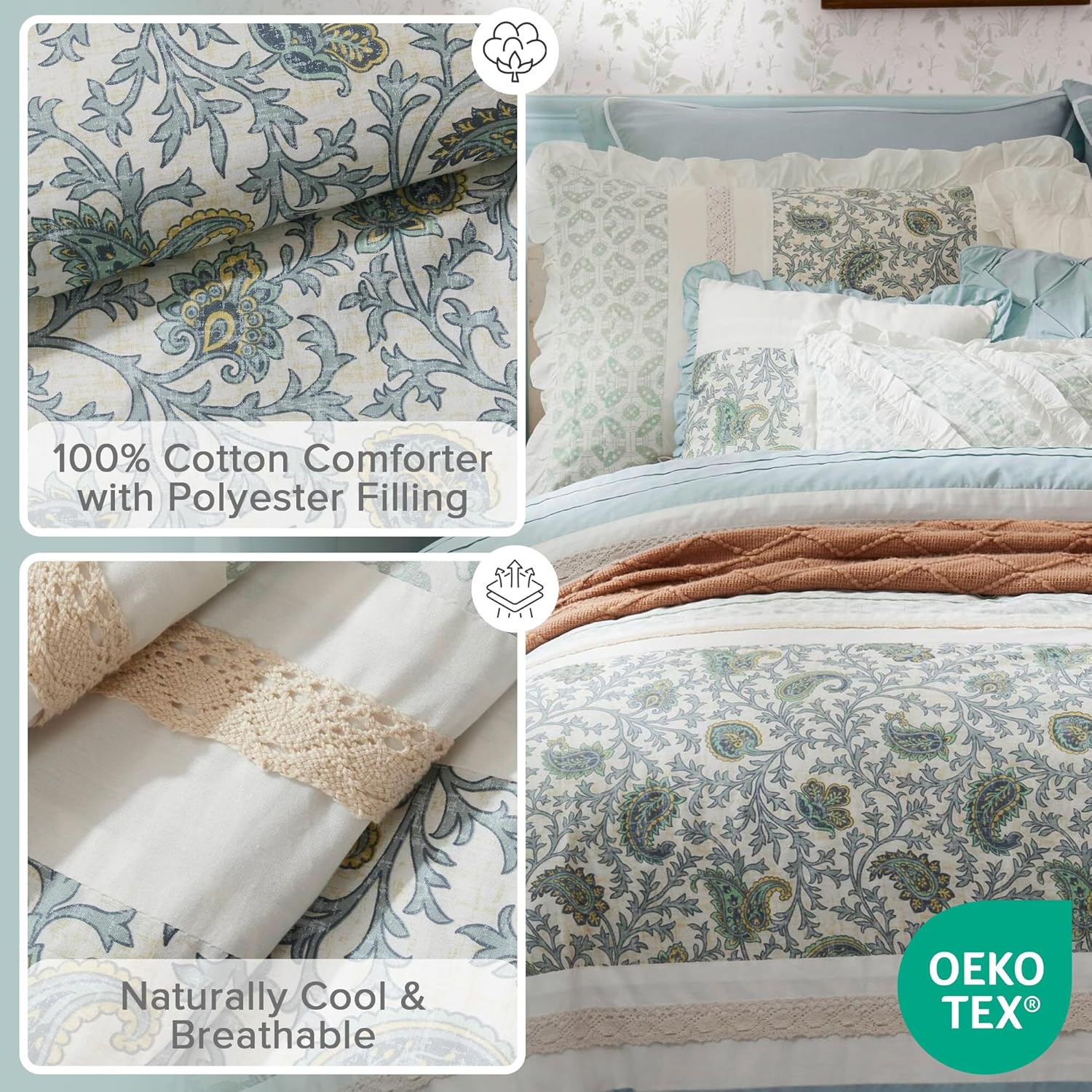 Madison Park Dawn 9-Piece Cotton Comforter Set - Shabby Chic Design Aqua