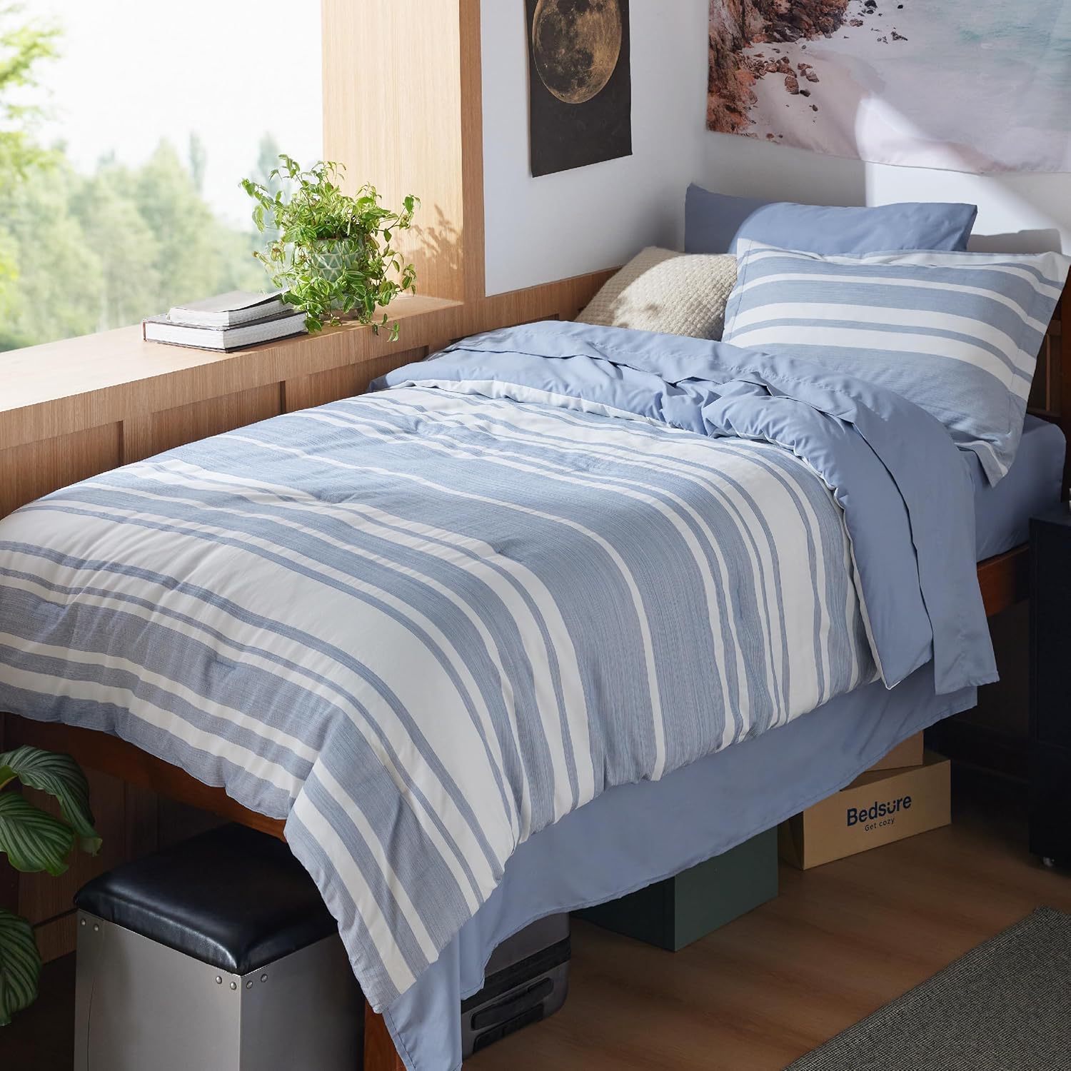 Bedsure Twin XL Comforter Set 5 Pieces Blue Striped