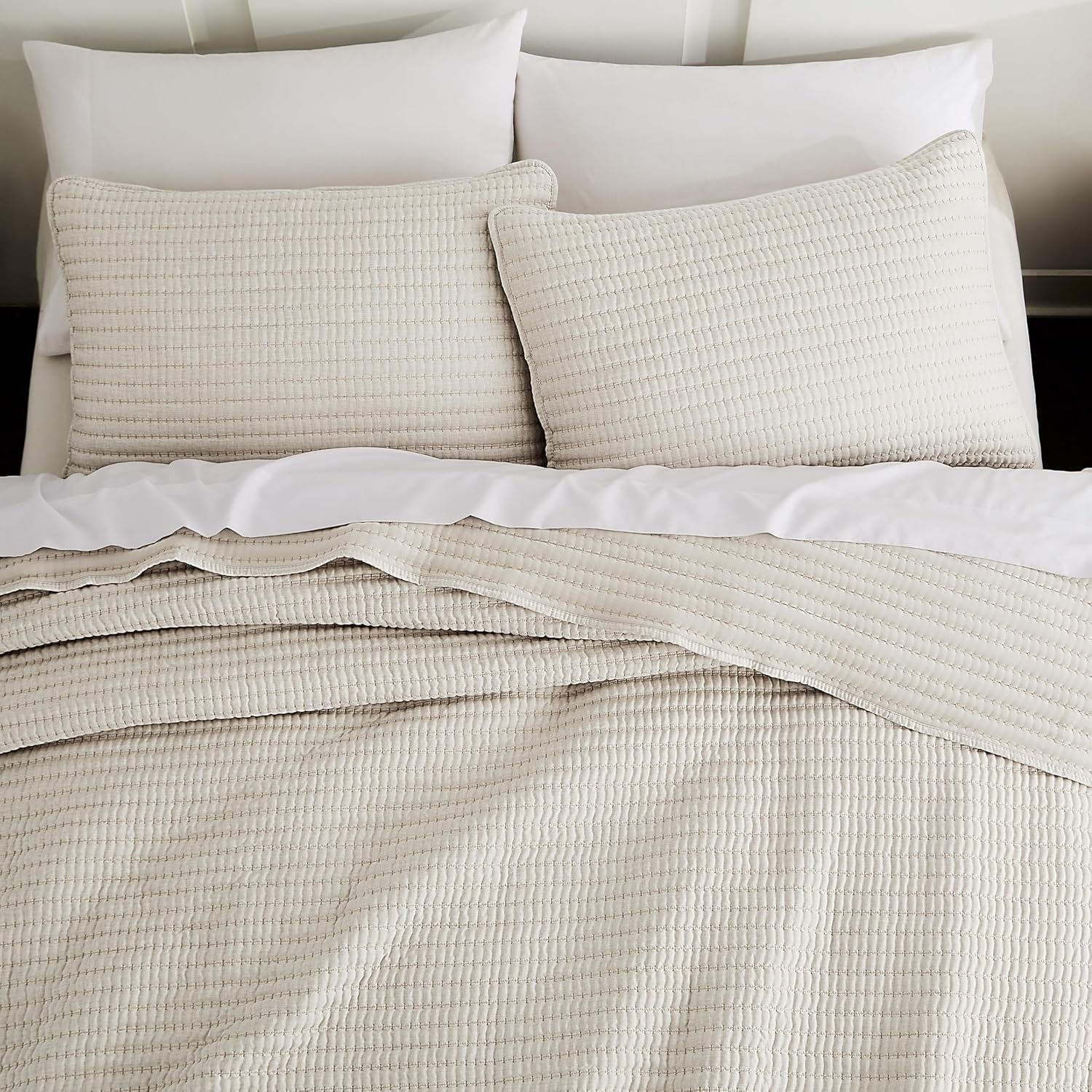 WDCOZY Beige Pick Stitch Queen Quilt Set
