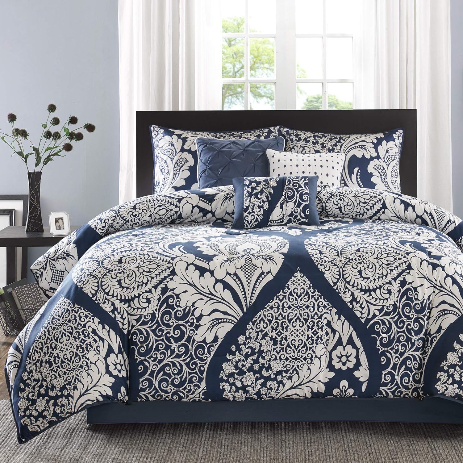 Madison Park Vienna Sateen Cotton Comforter Set Indigo 7 Piece