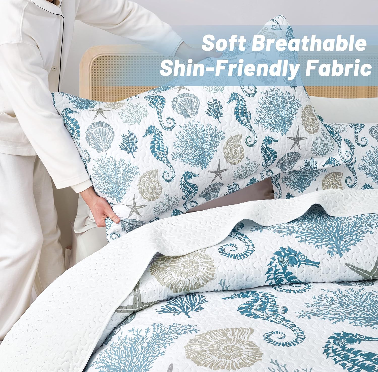 Coastal Bedding Queen Quilt Set with 2 Shams