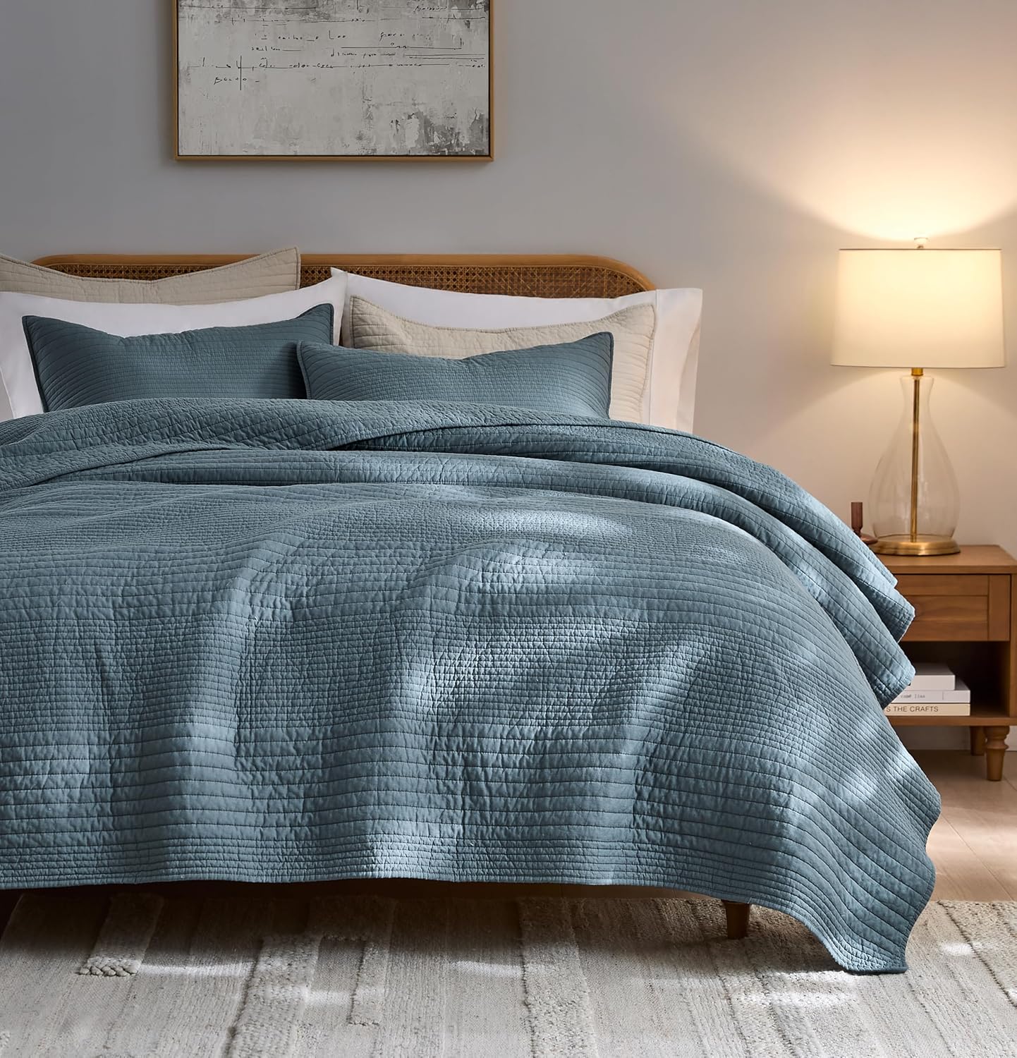 PALASSIO Striped Blue Grey Cotton Quilt Cal King Set