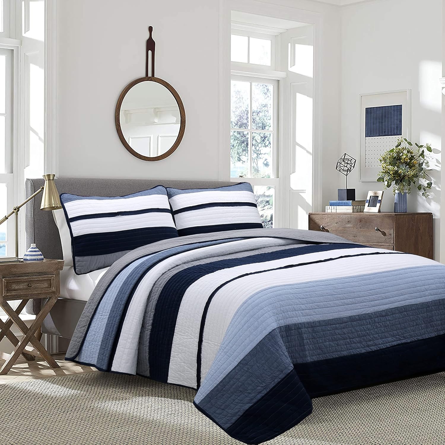 Cozy Line Tranquil Blue Gray Striped Reversible Quilt Bedding Set Queen - 3 Piece