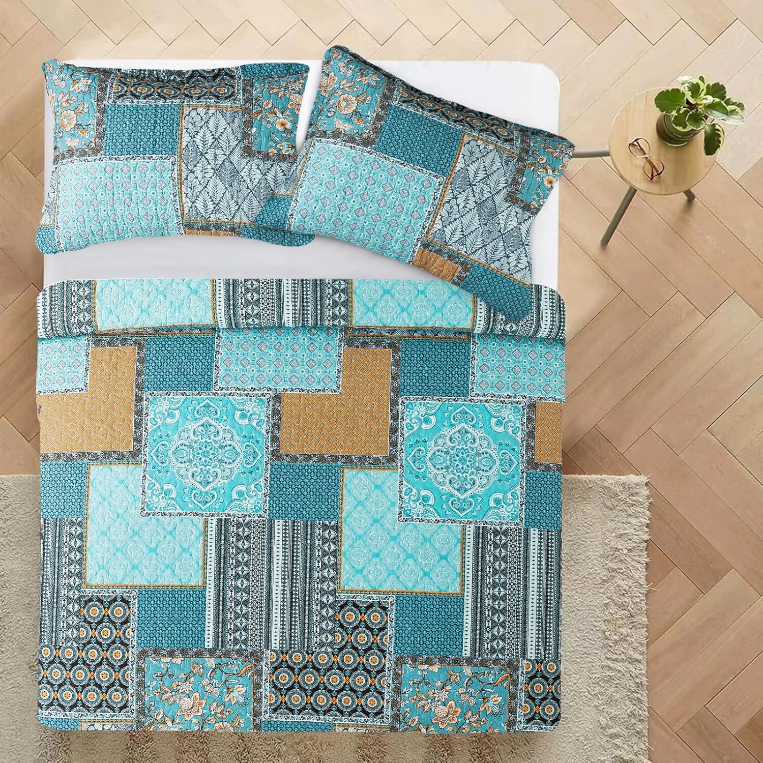 VAPUTAR Queen Size Quilt Bedding Set - 3 Piece Teal Green Chic