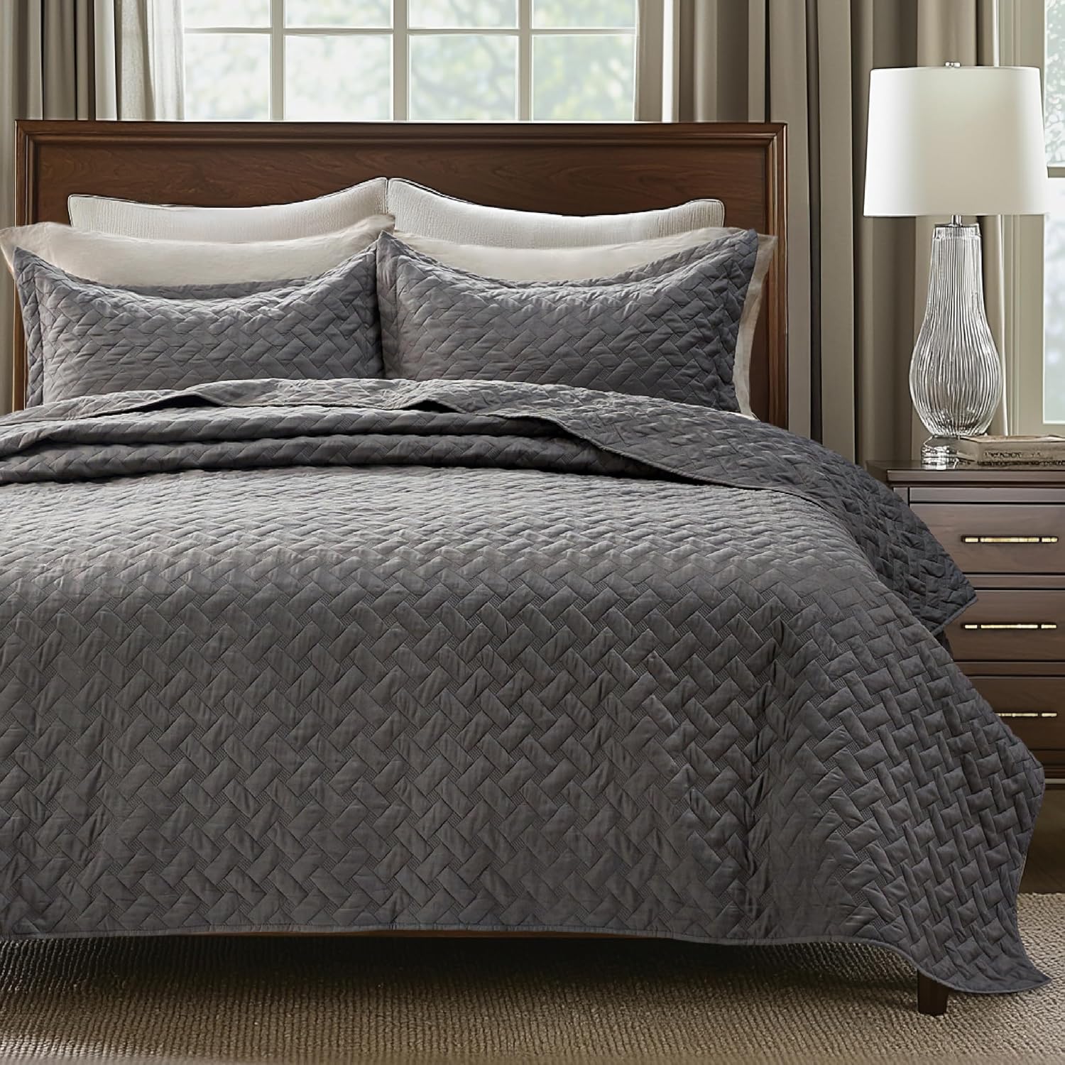 Bedsure King Size Bedspread - Grey Basket Weave Pattern Soft and Lightweight