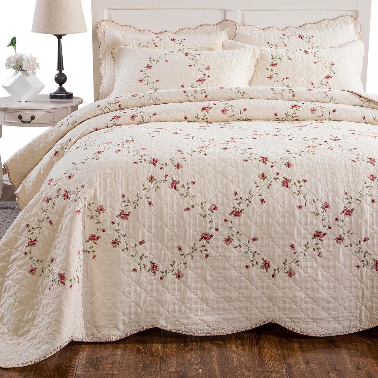 ROOMLIFE 3D Floral Embroidery Quilt Set 3-Piece King Size