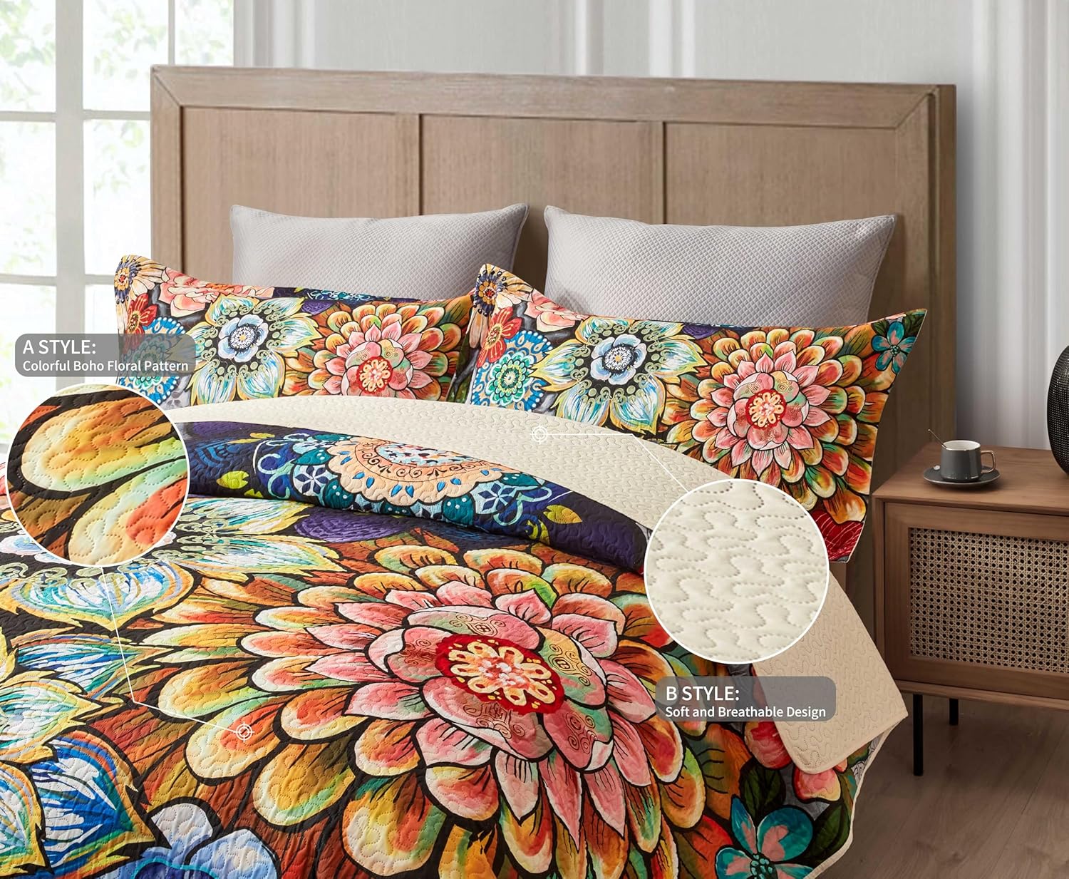 Asuexpect 3 Piece Boho Floral Quilt Set California King