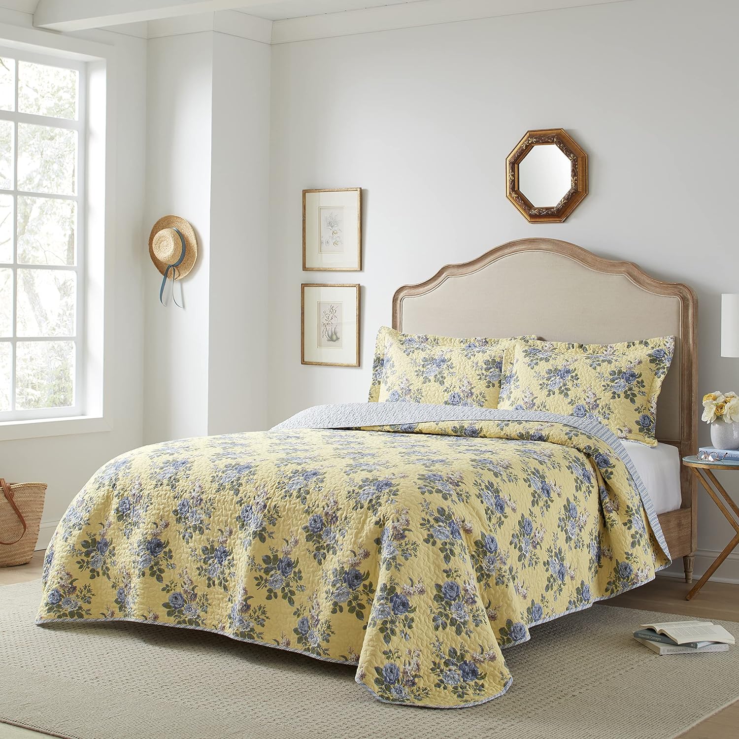 Laura Ashley King Quilt Set - Linley Yellow 3 Piece Reversible Cotton