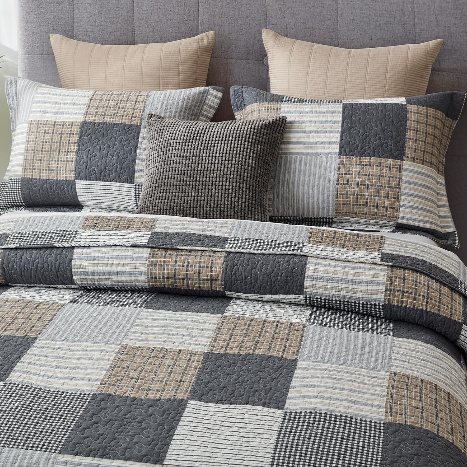 Finlonte Quilt Set Queen Size - 100 Cotton Plaid Bedspread