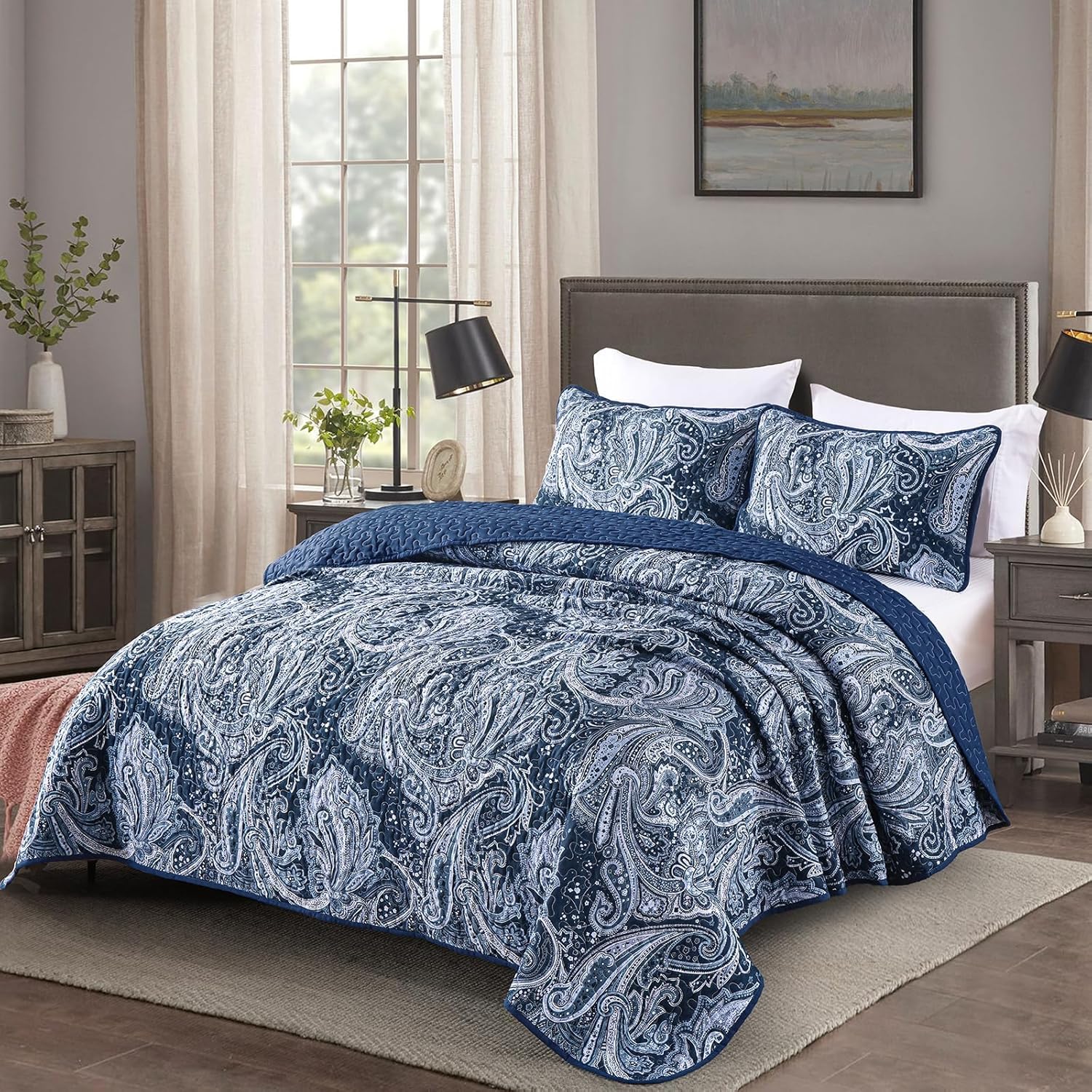 DJY Navy Paisley Quilt Set 3 Pieces King Size
