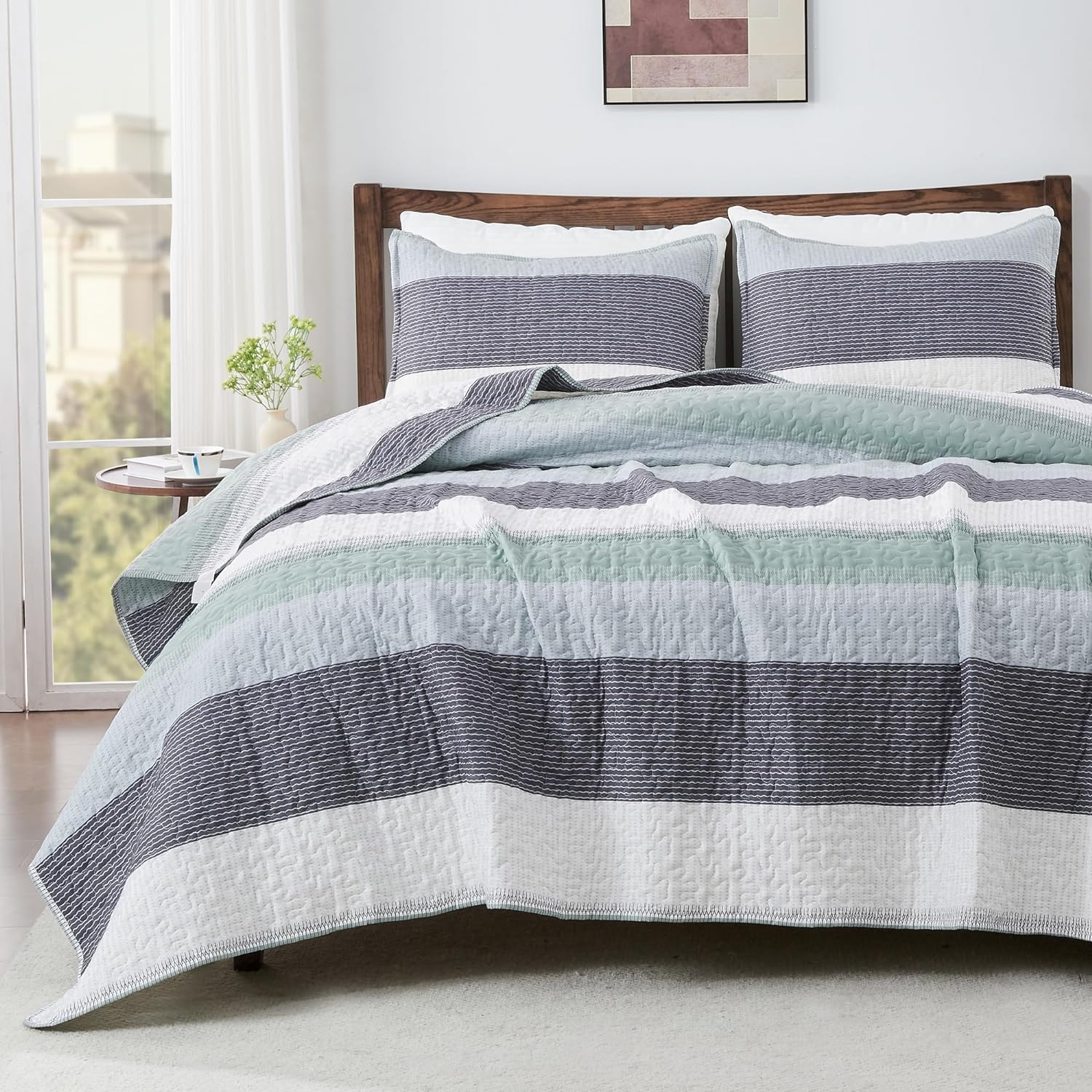 Andency King Size Quilt Set Sage Green 3 Piece 1