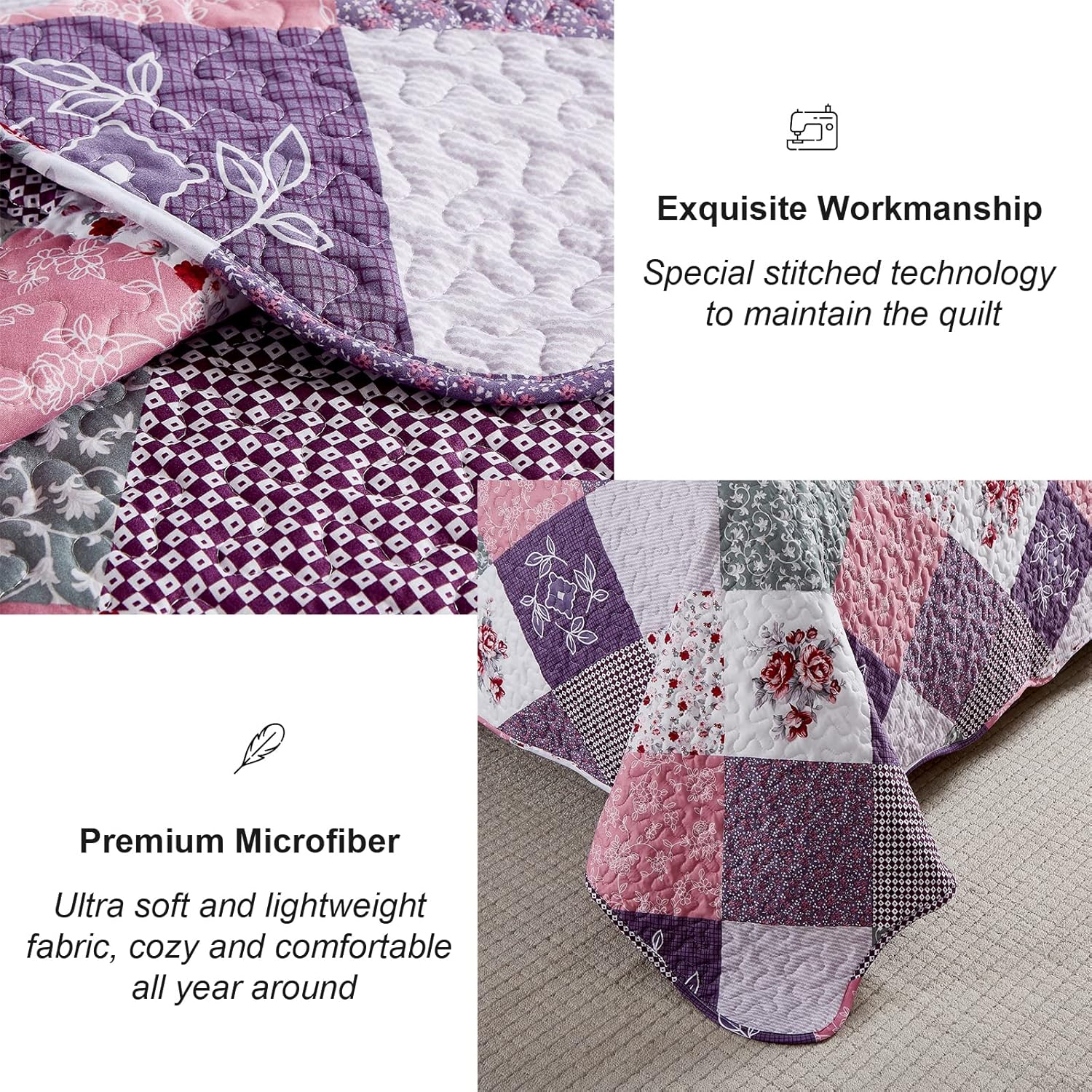 Dinjoy Purple Floral Quilt Set Cal King Size