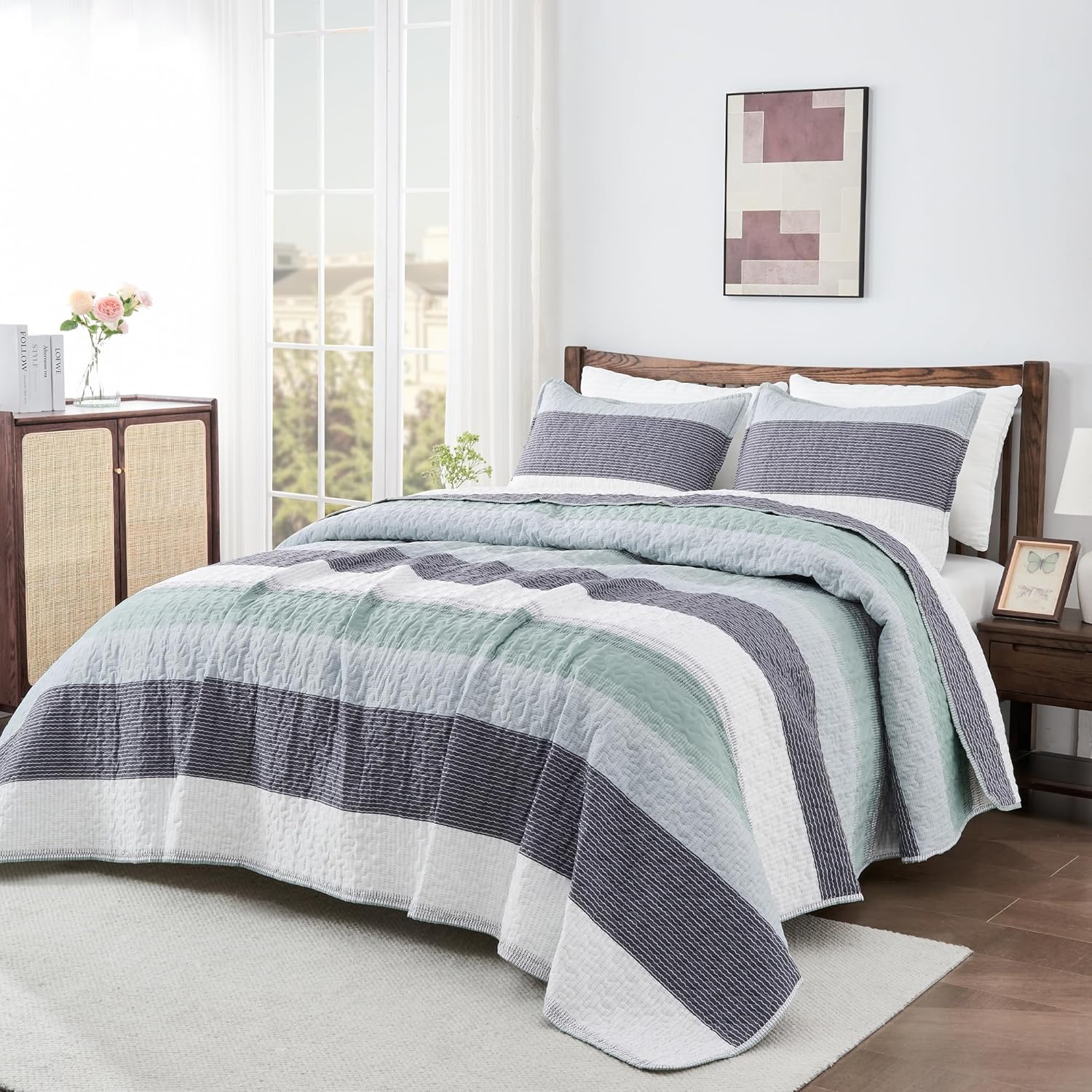 Andency King Size Quilt Set Sage Green 3 Piece 1