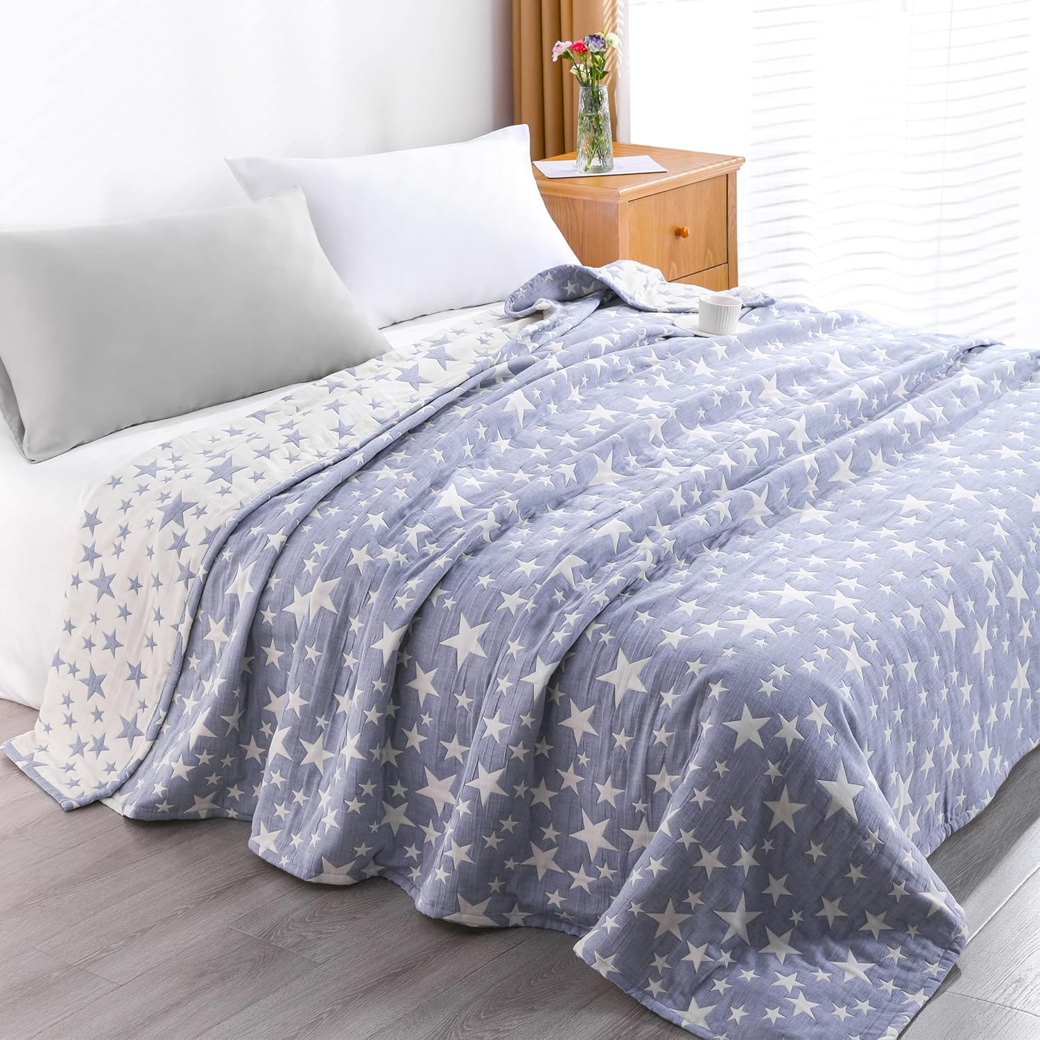 NTBAY 3 Layers Cotton Muslin Twin Bed Blanket with Blue Stars