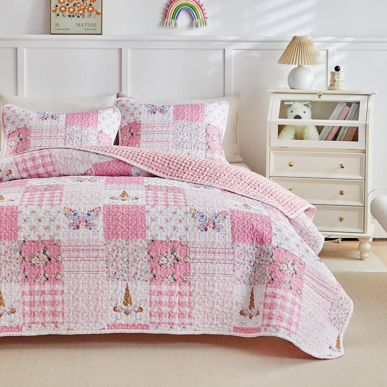 Joyreap Twin Quilt Set for Girls Pink Butterflies Flowers Design