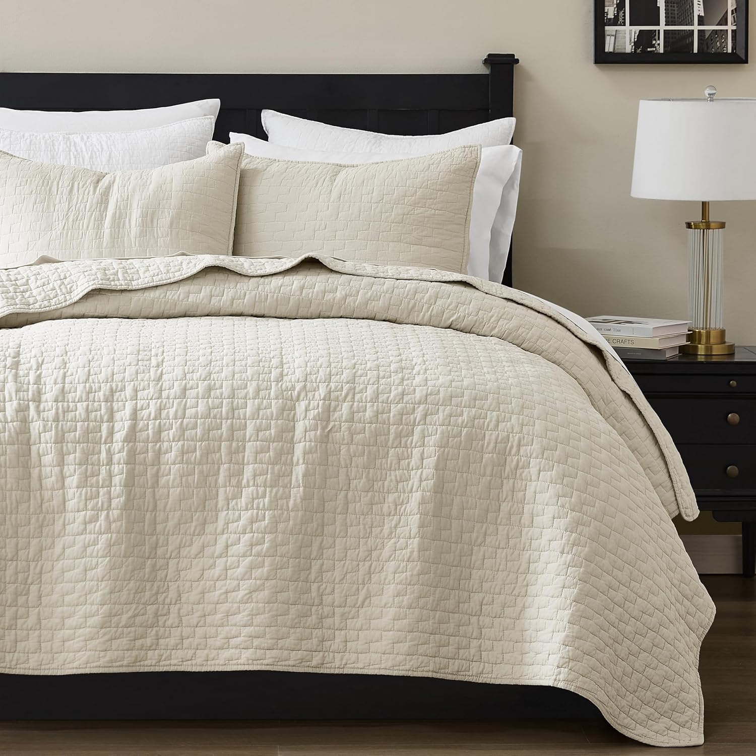 Palassio Beige Cotton Quilt Set - King Size with 2 Pillow Shams