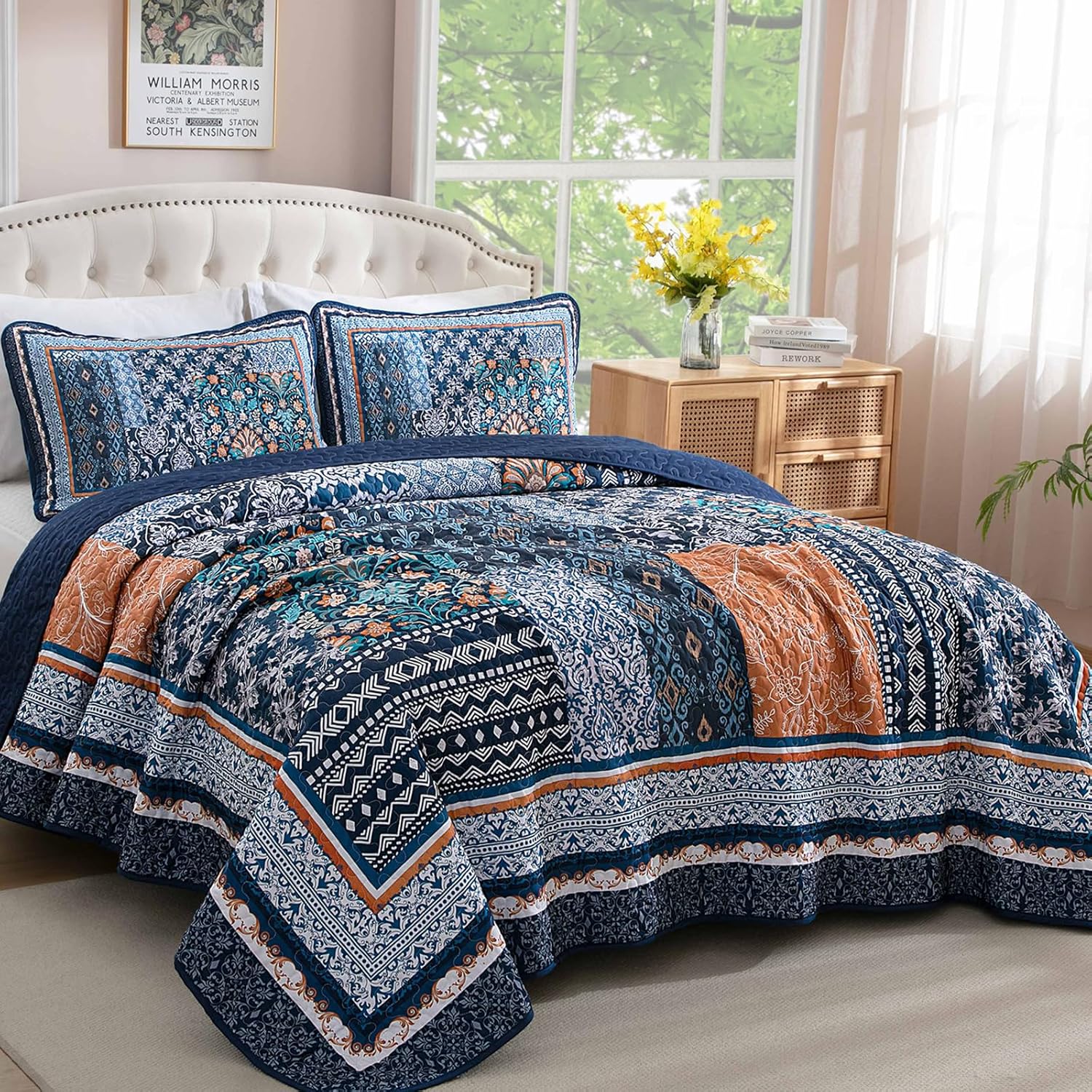 Navy Blue Bohemian Quilt Set Queen Size 96x90