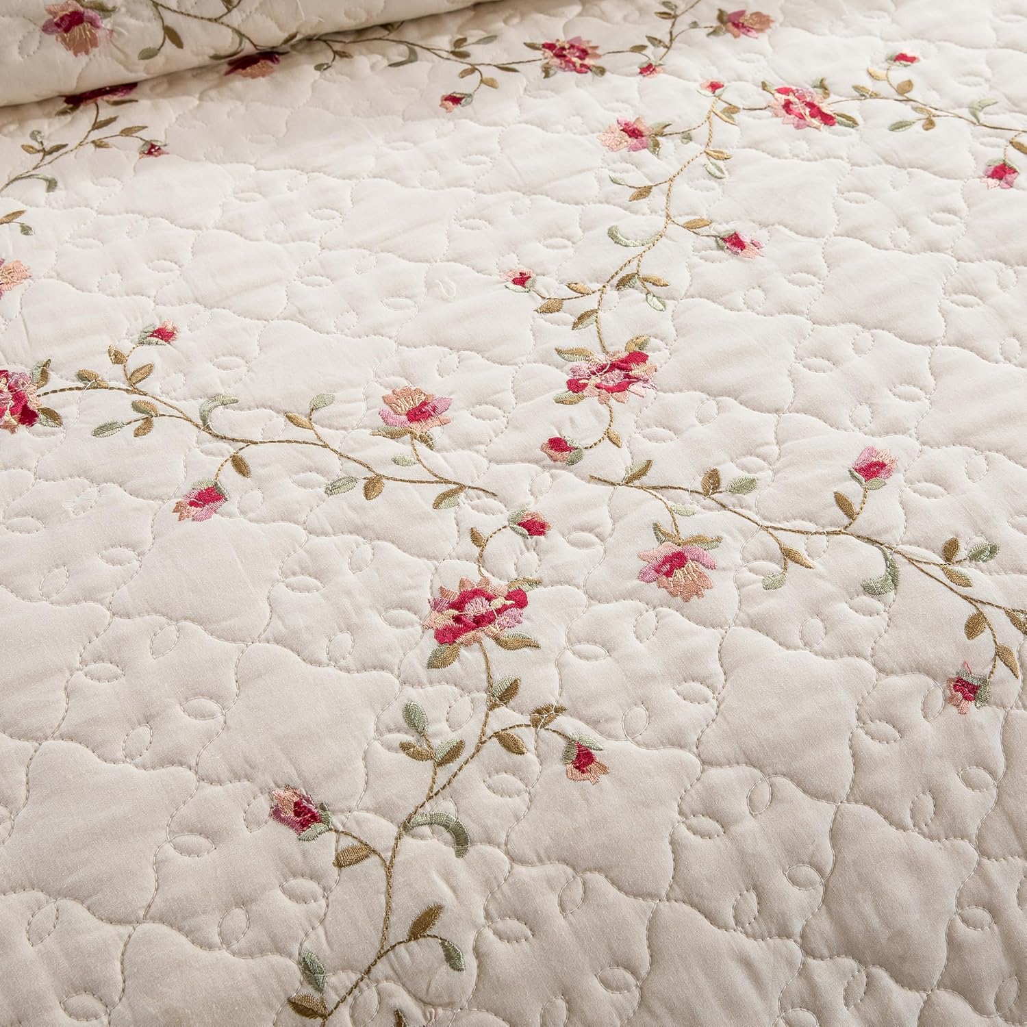 ROOMLIFE 3D Floral Embroidery Quilt Set 3-Piece King Size