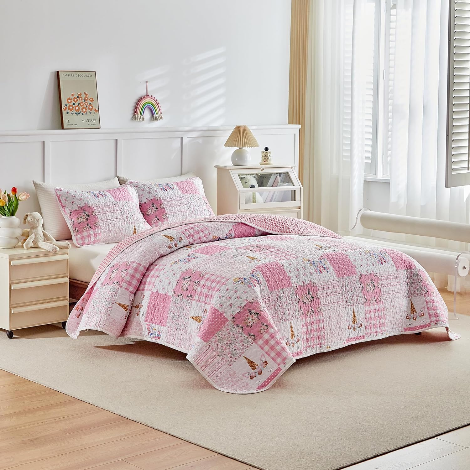 Joyreap Twin Quilt Set for Girls Pink Butterflies Flowers Design