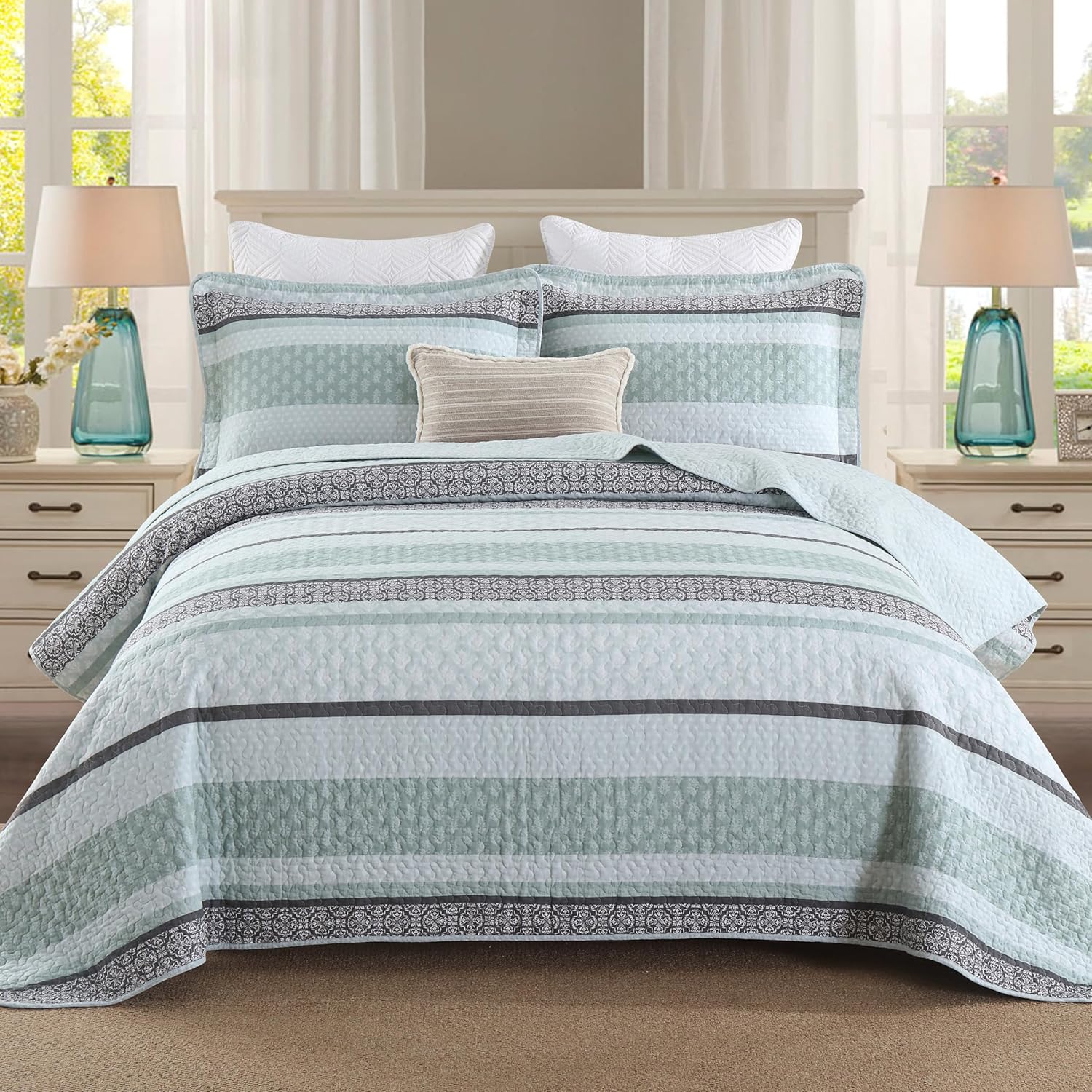 Homzard Cotton Queen Quilt Set Mint Green Grey Striped Bedding 3 Piece