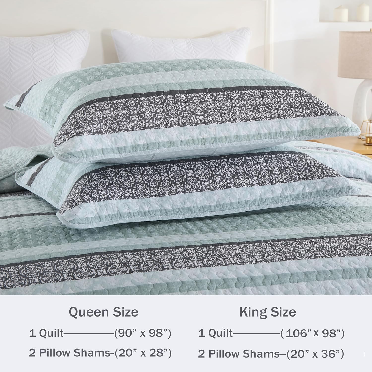 Homzard Cotton Queen Quilt Set Mint Green Grey Striped Bedding 3 Piece