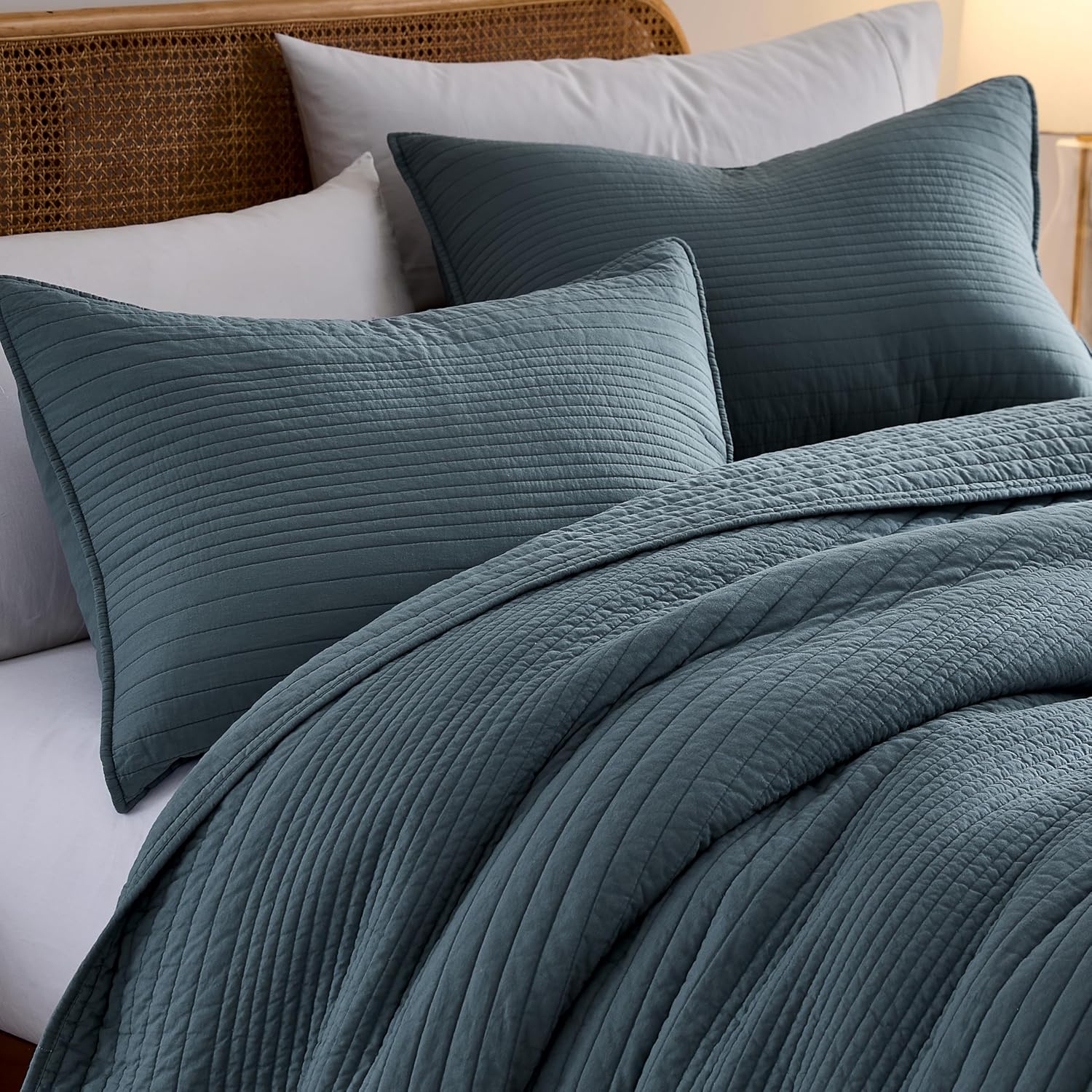 PALASSIO Striped Blue Grey Cotton Quilt Cal King Set