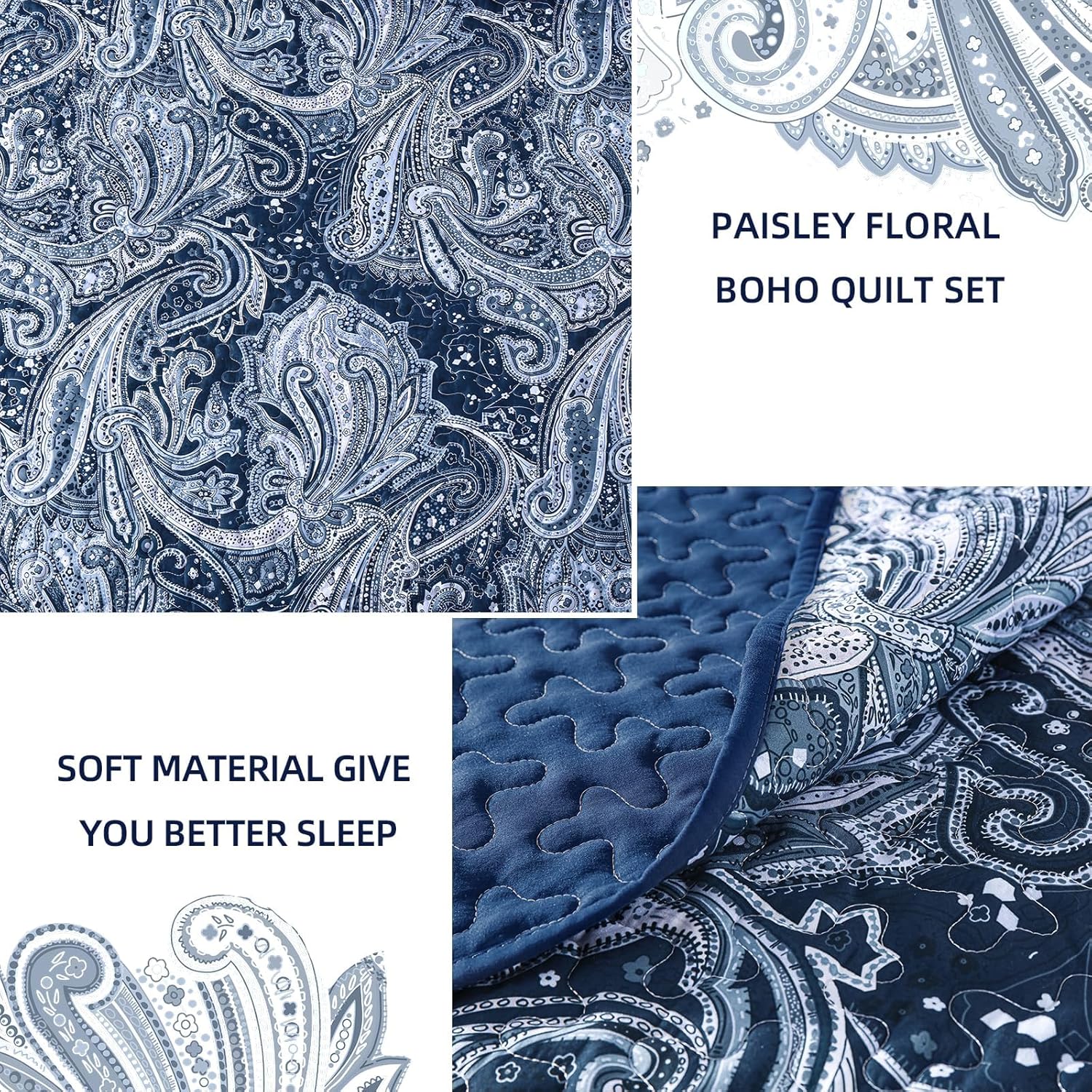 DJY Navy Paisley Quilt Set 3 Pieces King Size