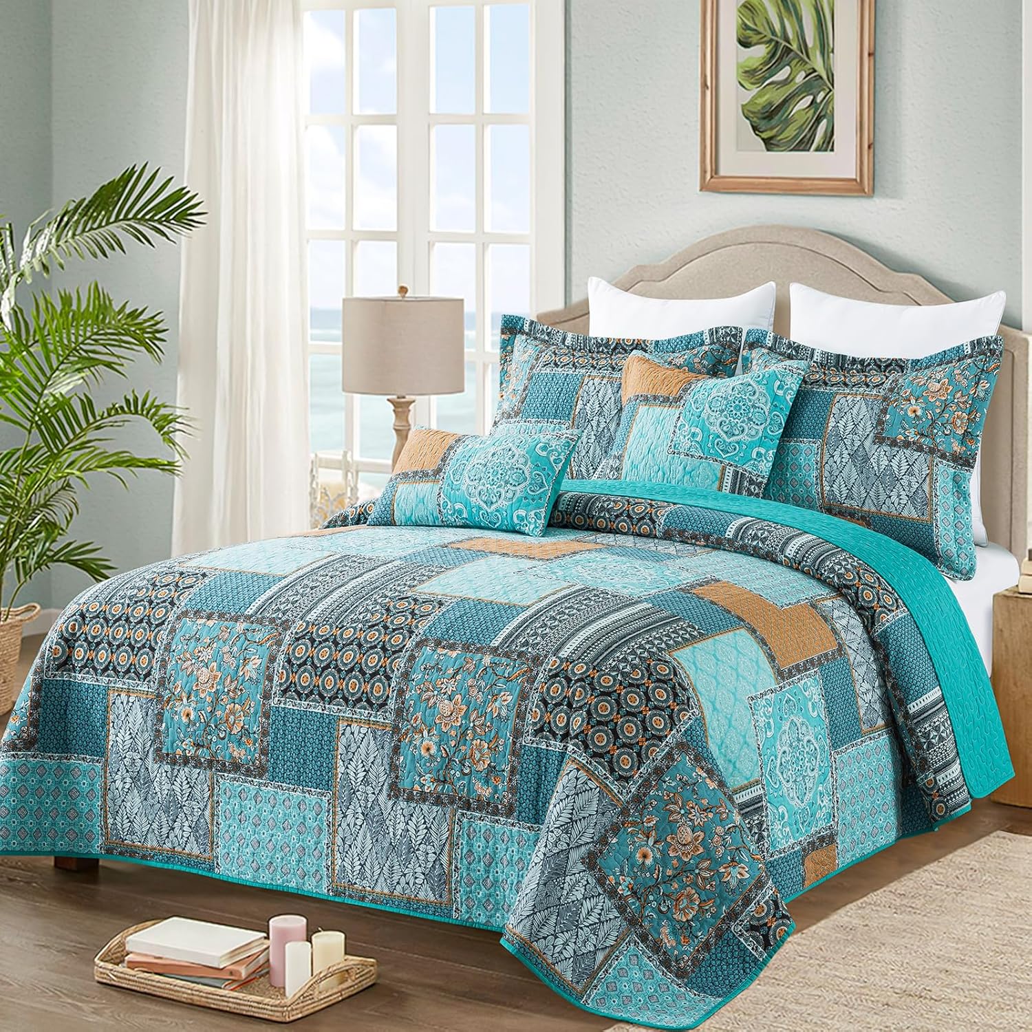 VAPUTAR Queen Size Quilt Bedding Set - 3 Piece Teal Green Chic