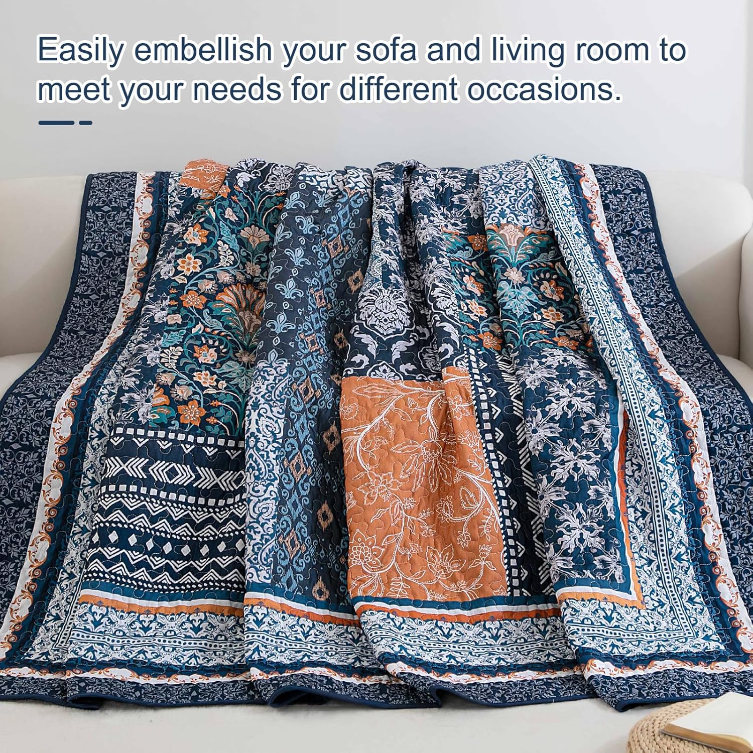 Navy Blue Bohemian Quilt Set Queen Size 96x90