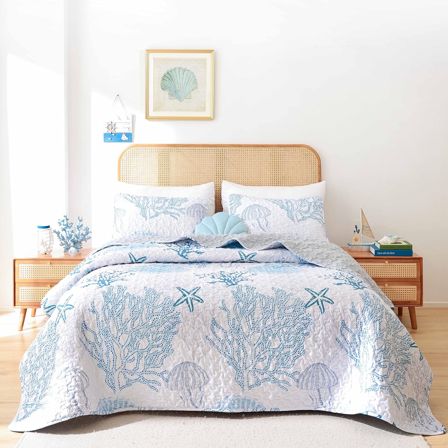 Weigelia Coastal Quilts Queen Bedding Set - Blue Nautical Comforter with Pillow Cases