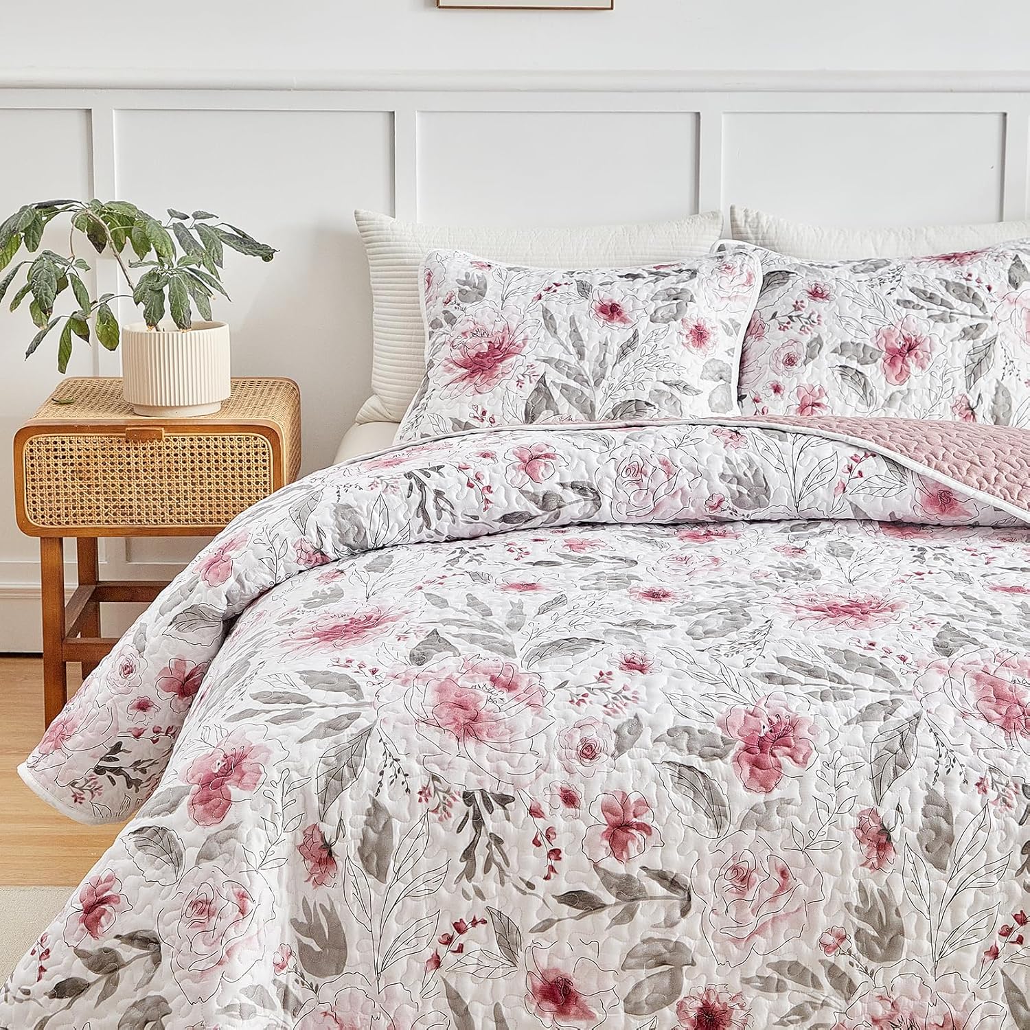 Flysheep Botanical Quilt Set 3 Piece Blush Pink Grey Flowers